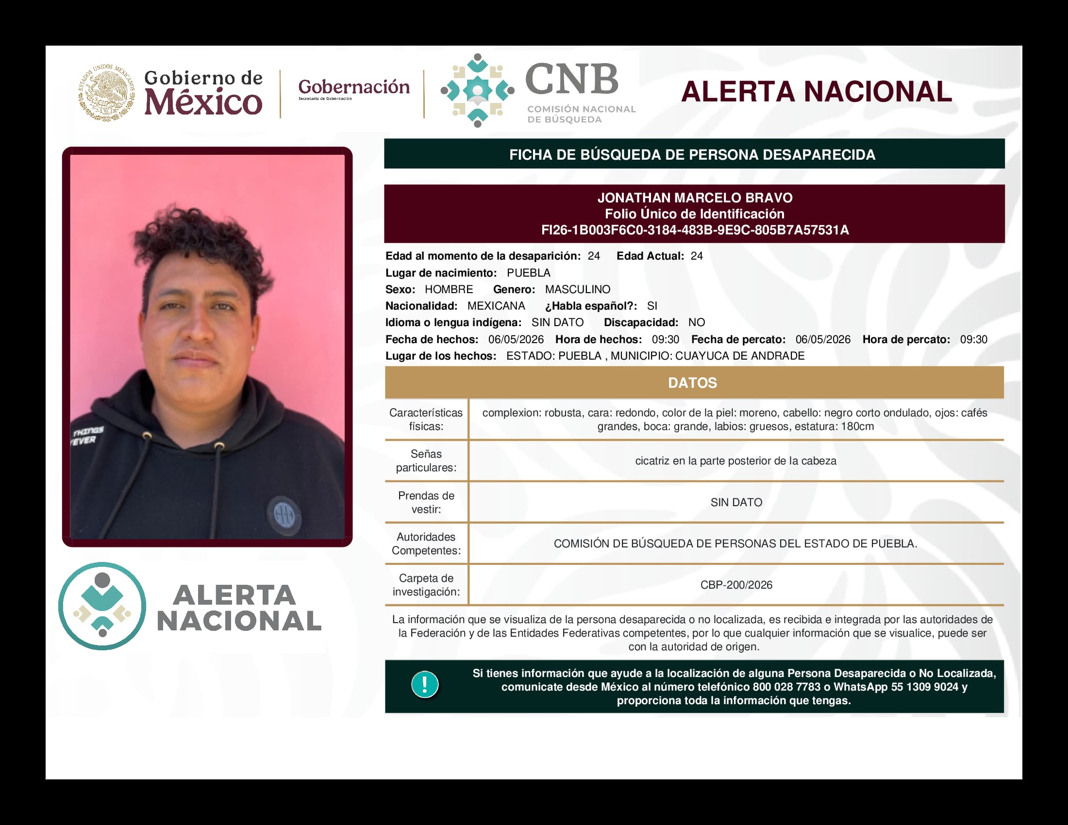 Persona desaparecida Jonathan Marcelo Bravo