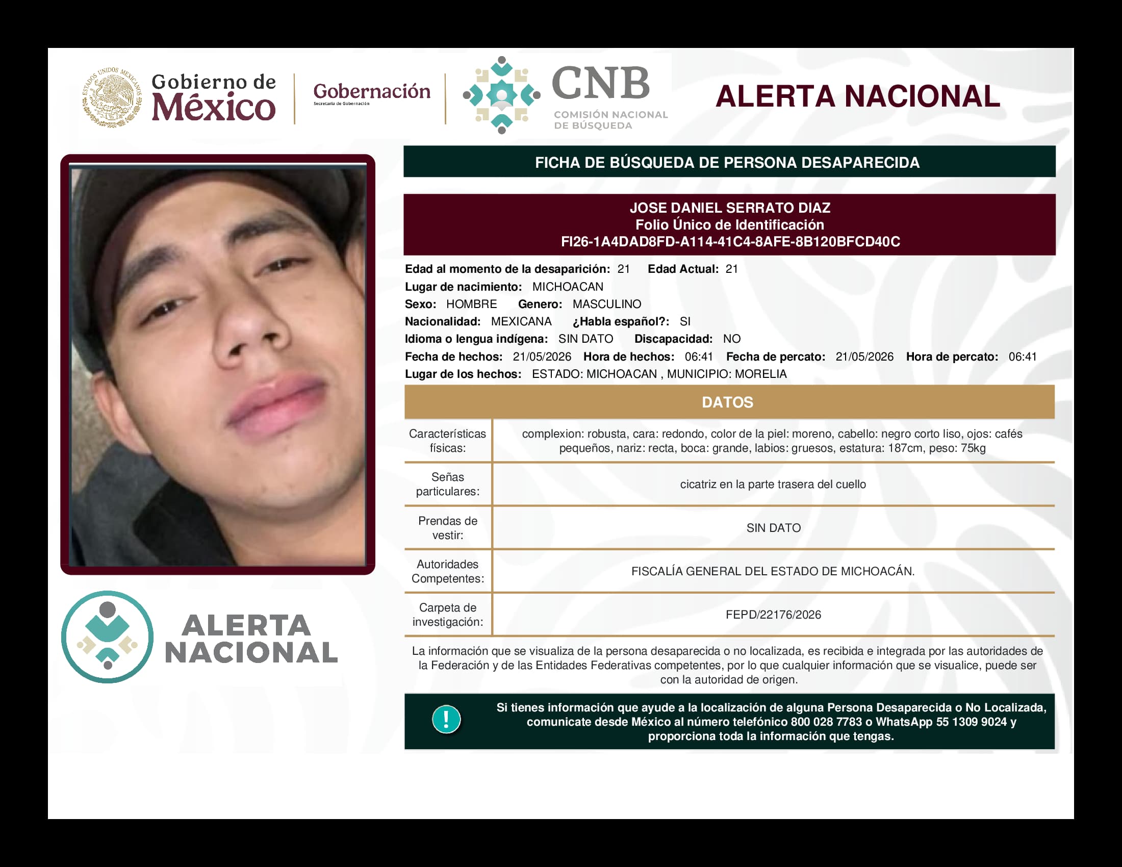Persona desaparecida Jose Daniel Serrato Diaz
