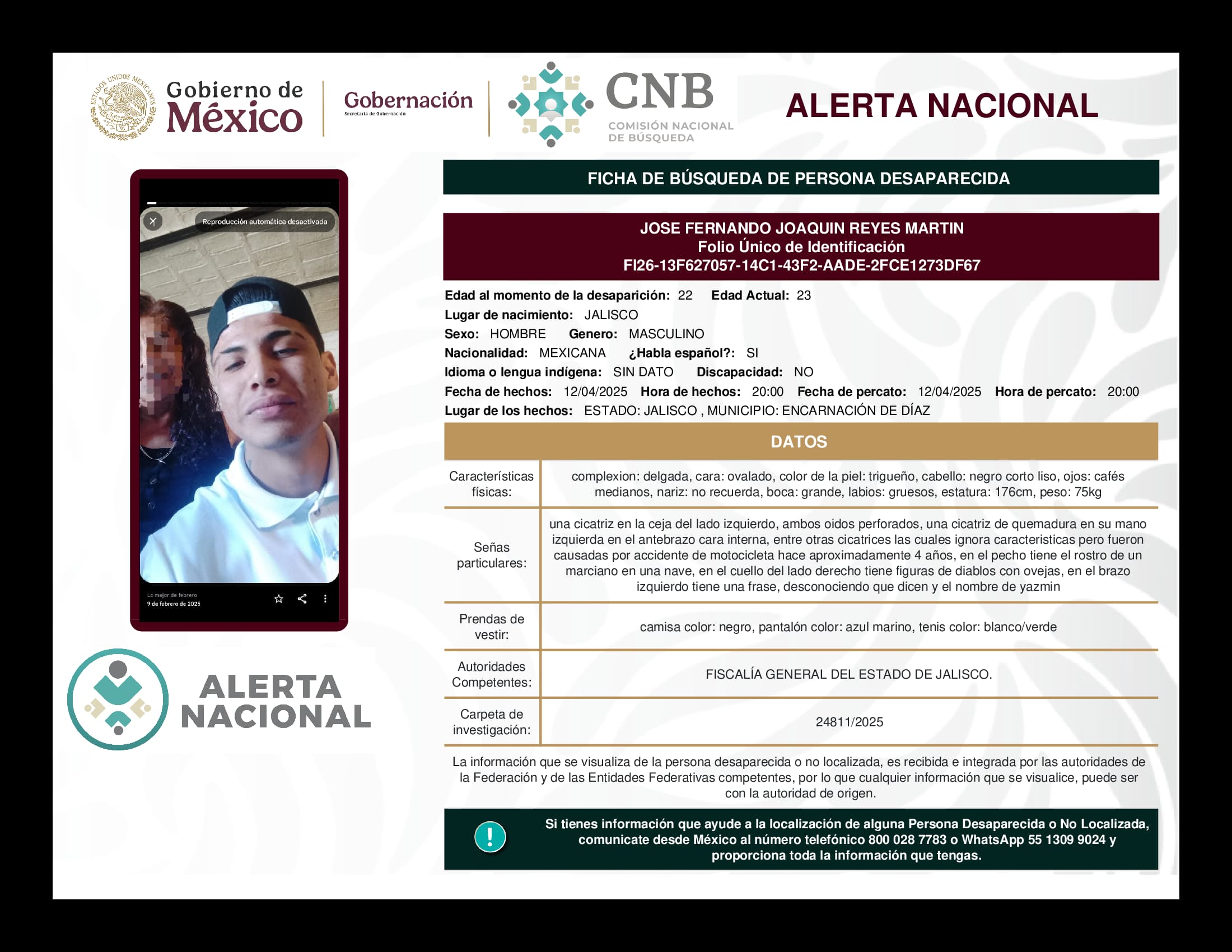Persona desaparecida Jose Fernando Joaquin Reyes Martin
