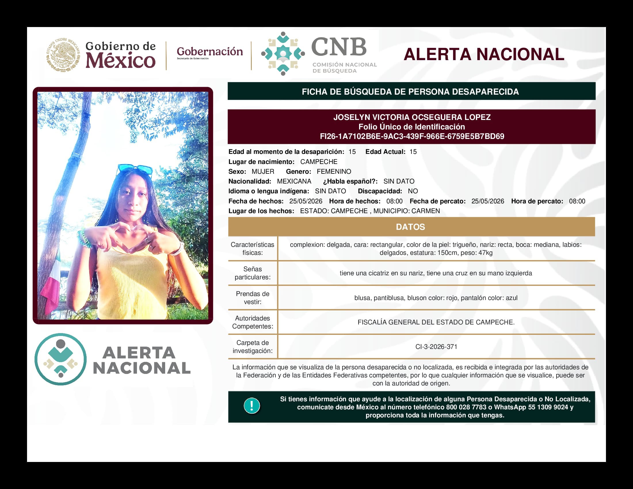 Persona desaparecida Joselyn Victoria Ocseguera Lopez