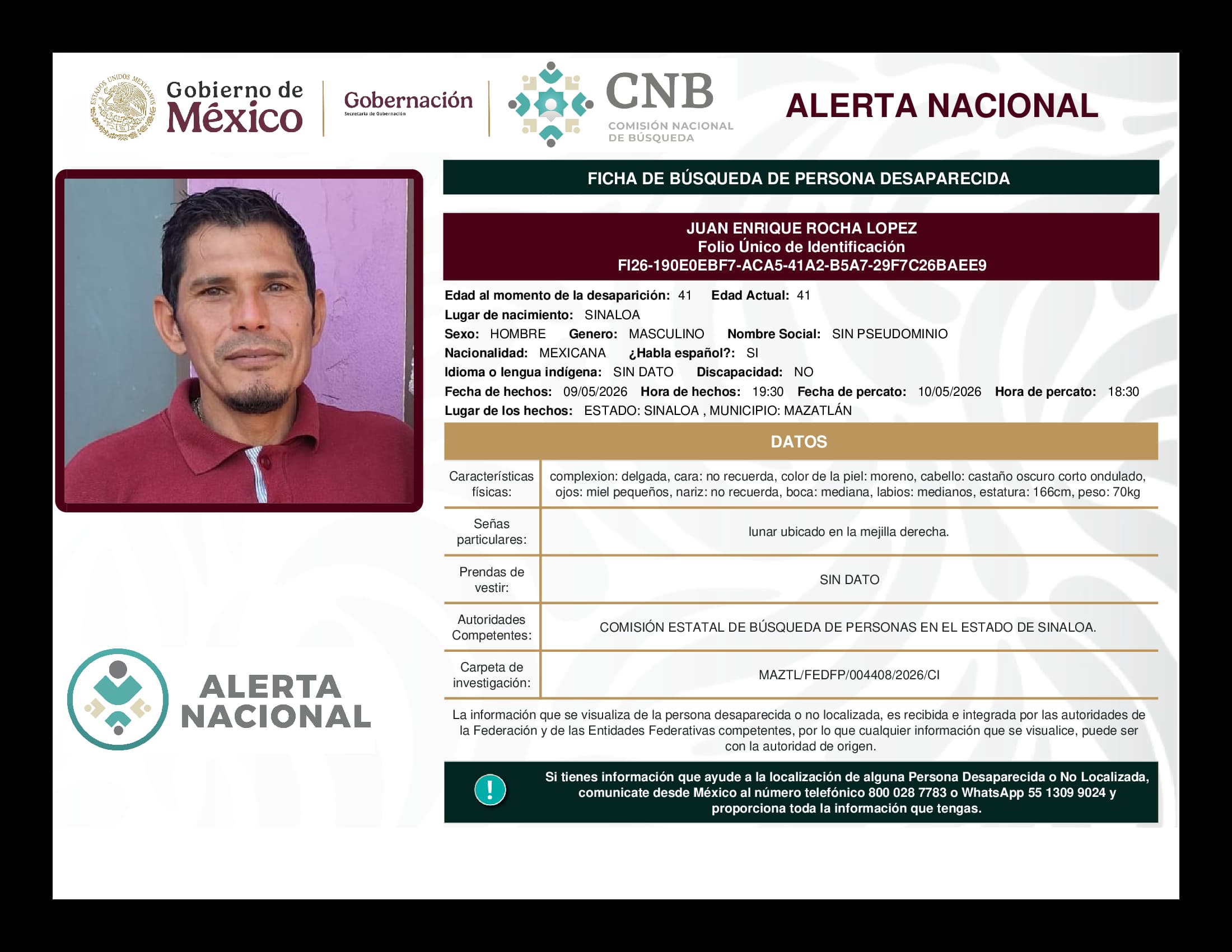 Persona desaparecida Juan Enrique Rocha Lopez