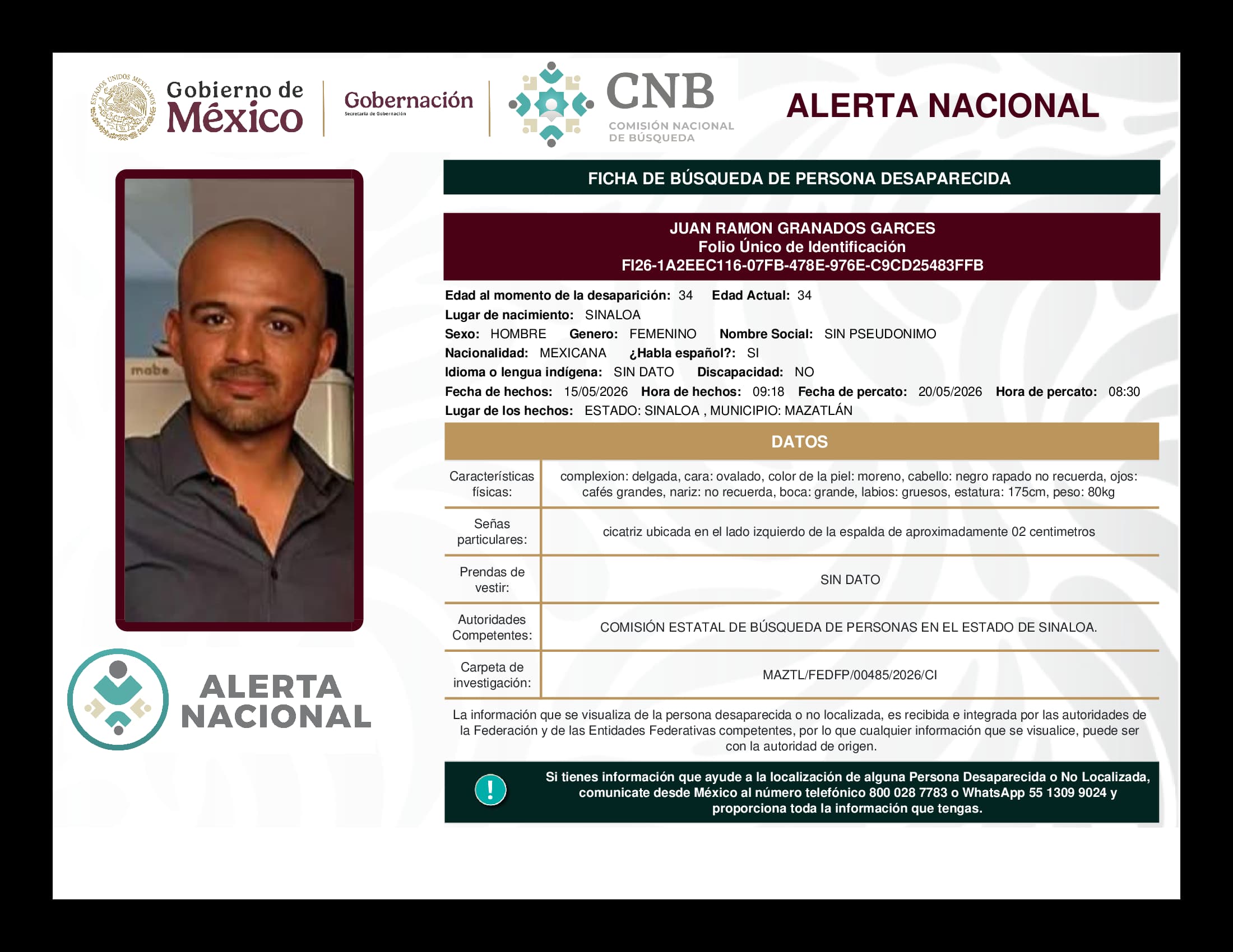 Persona desaparecida Juan Ramon Granados Garces