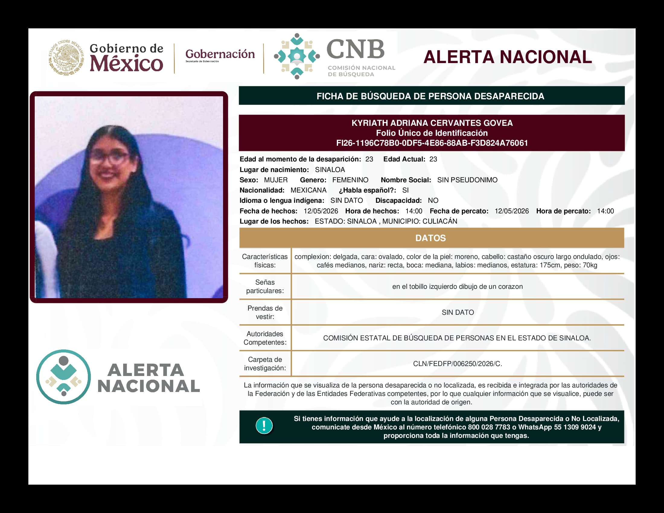 Persona desaparecida Kyriath Adriana Cervantes Govea