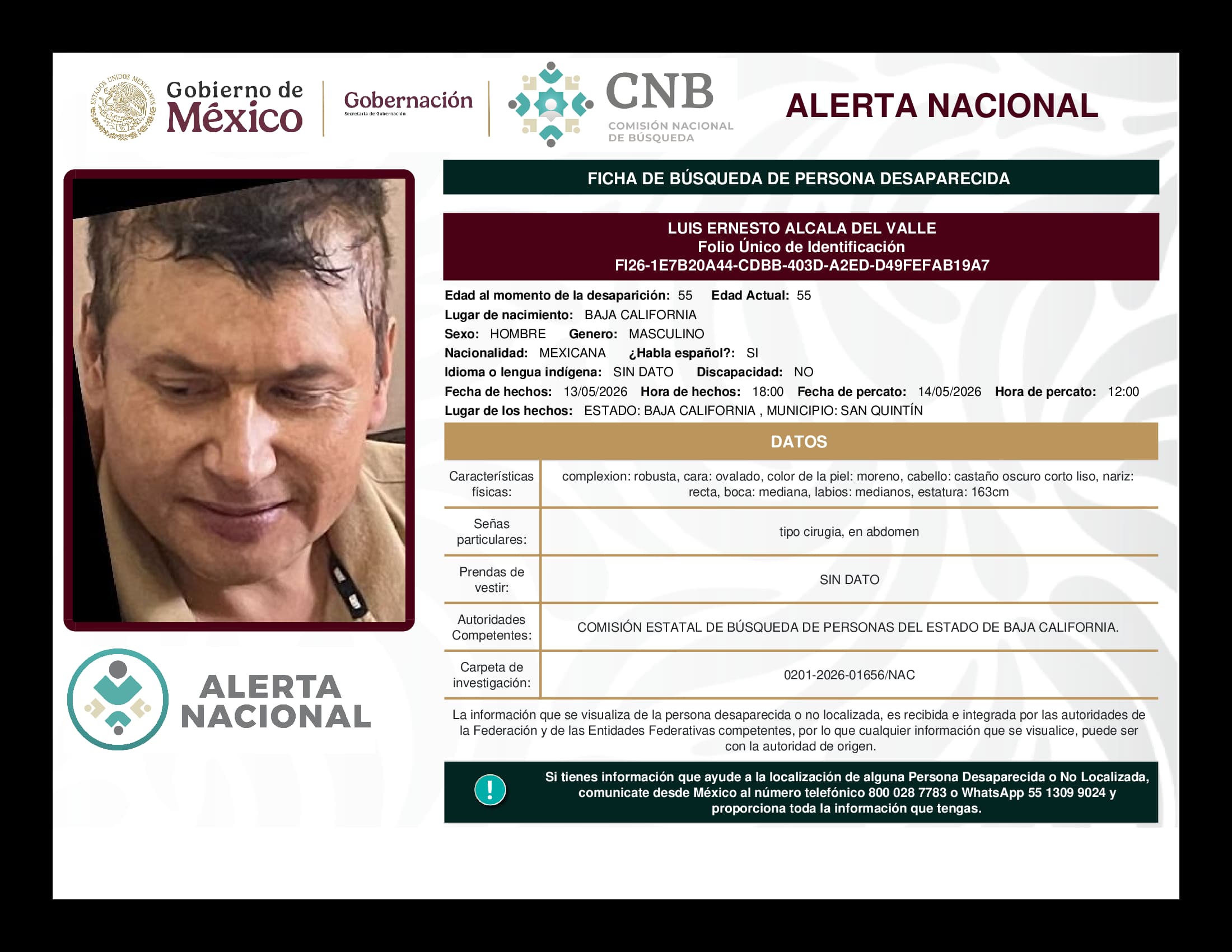Persona desaparecida Luis Ernesto Alcala Del Valle