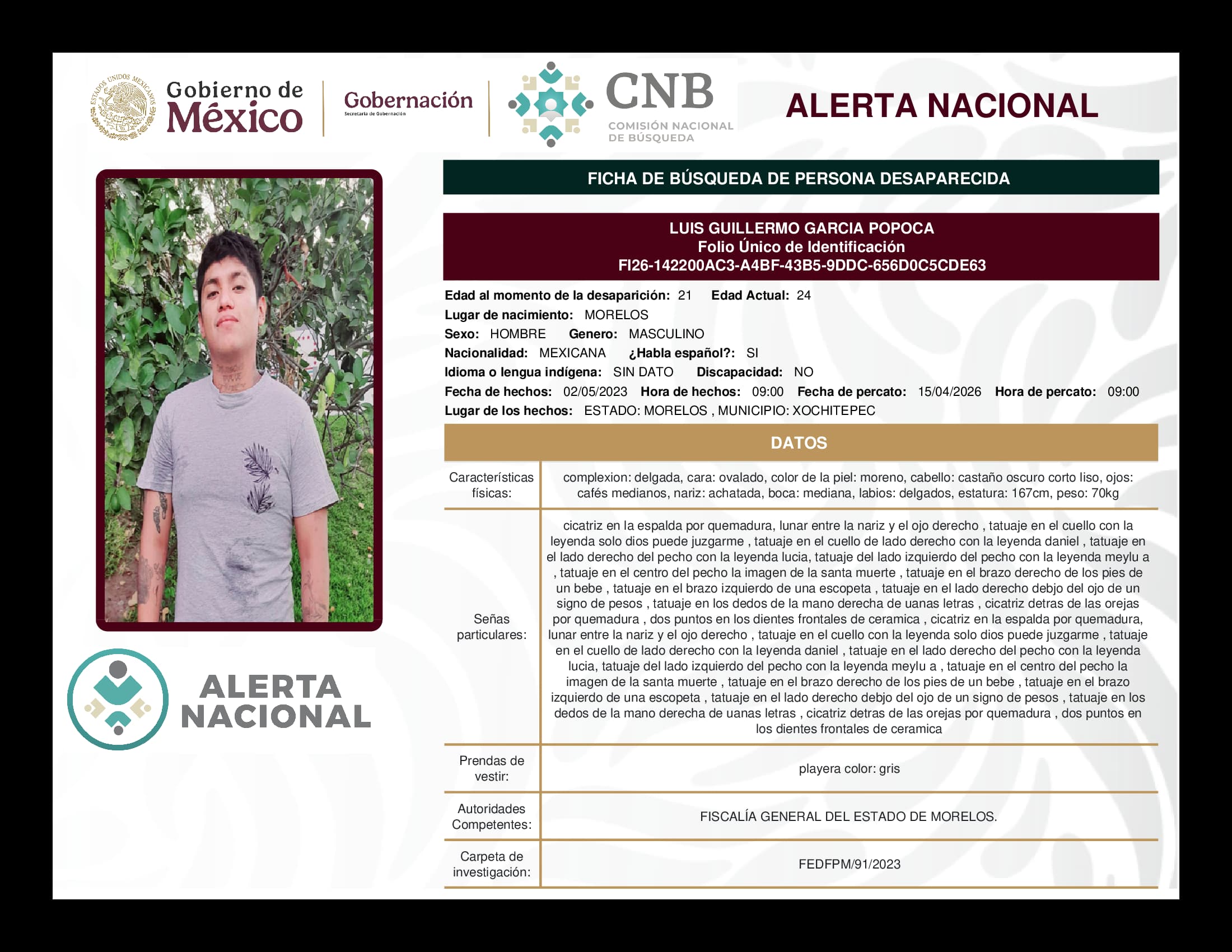 Persona desaparecida Luis Guillermo Garcia Popoca