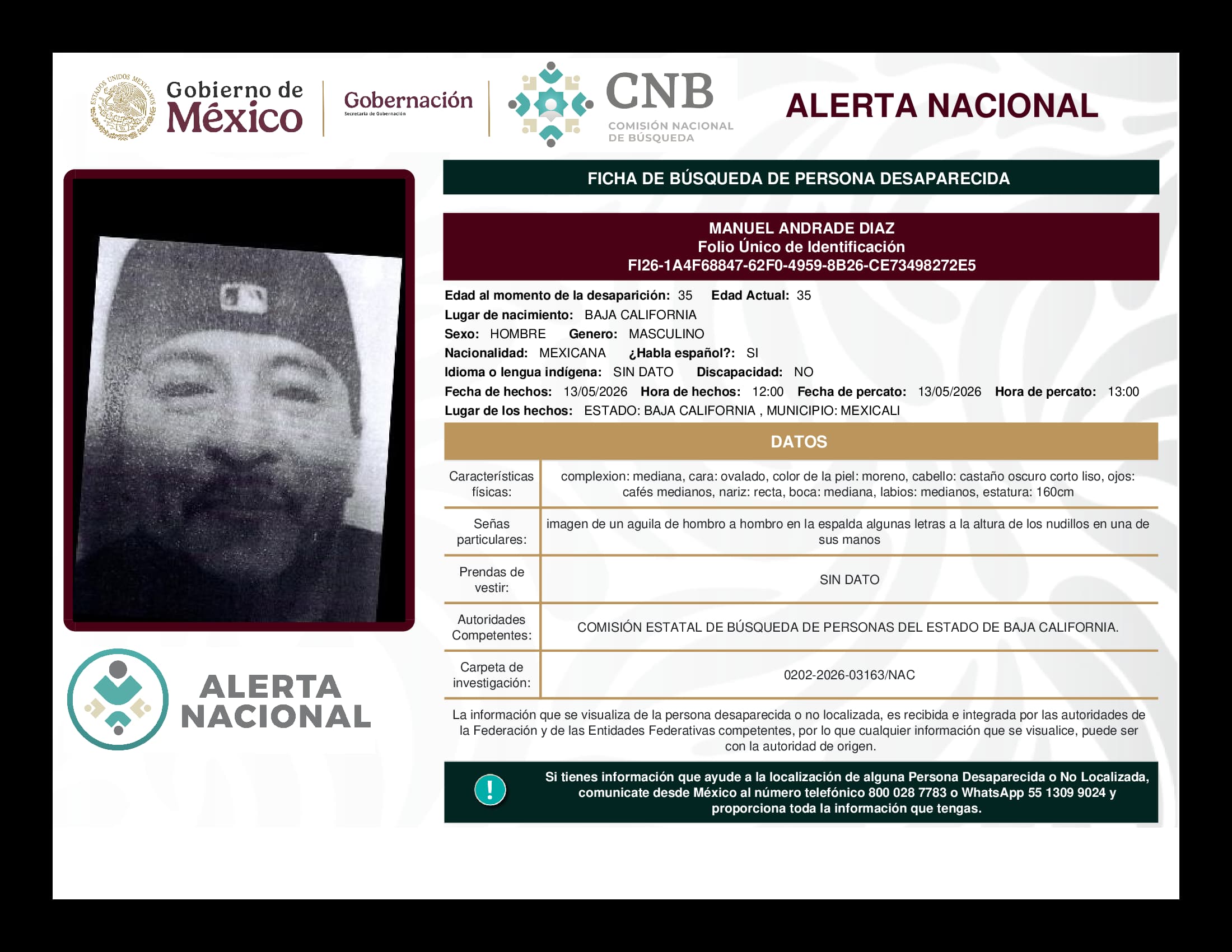 Persona desaparecida Manuel Andrade Diaz
