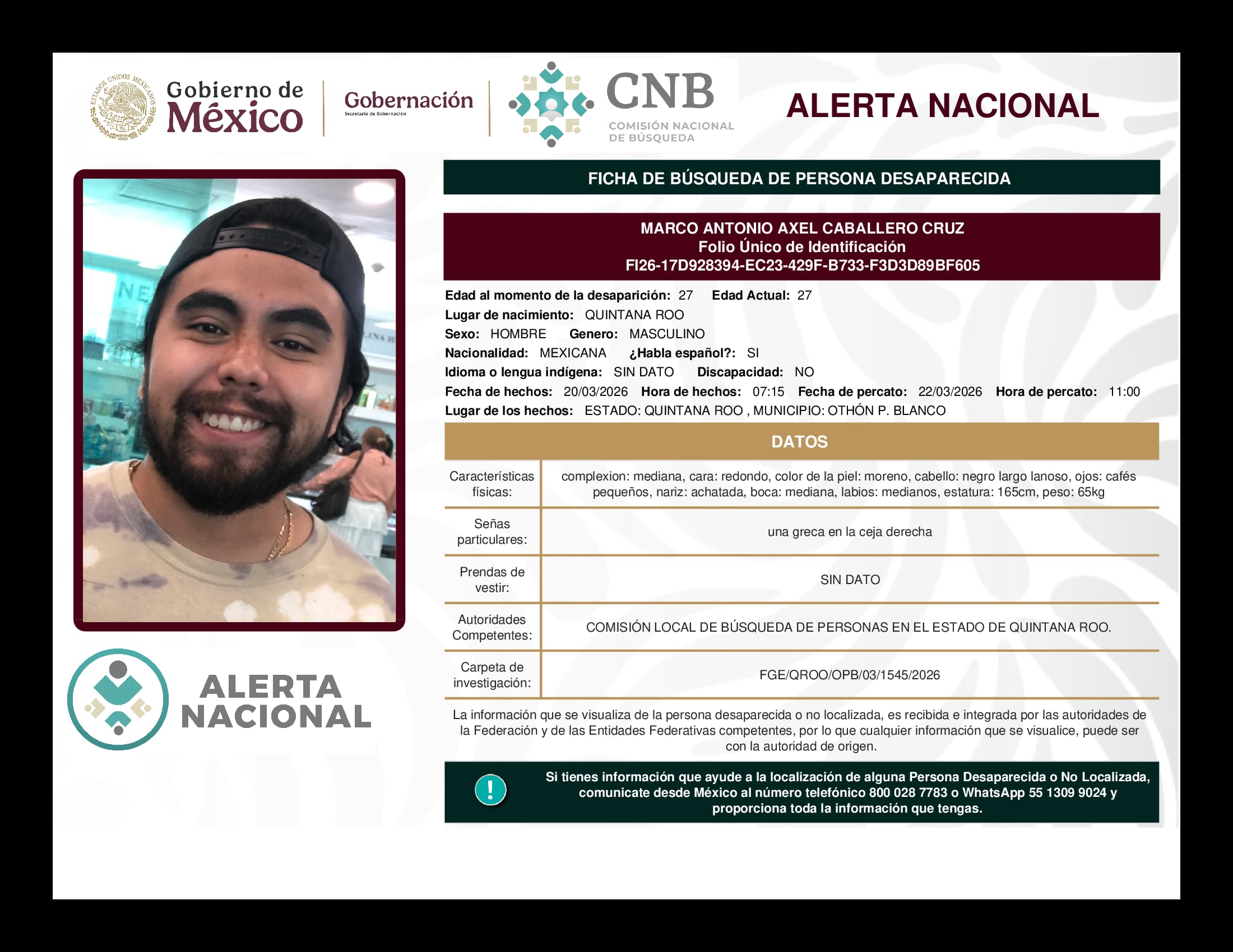 Persona desaparecida Marco Antonio Axel Caballero Cruz