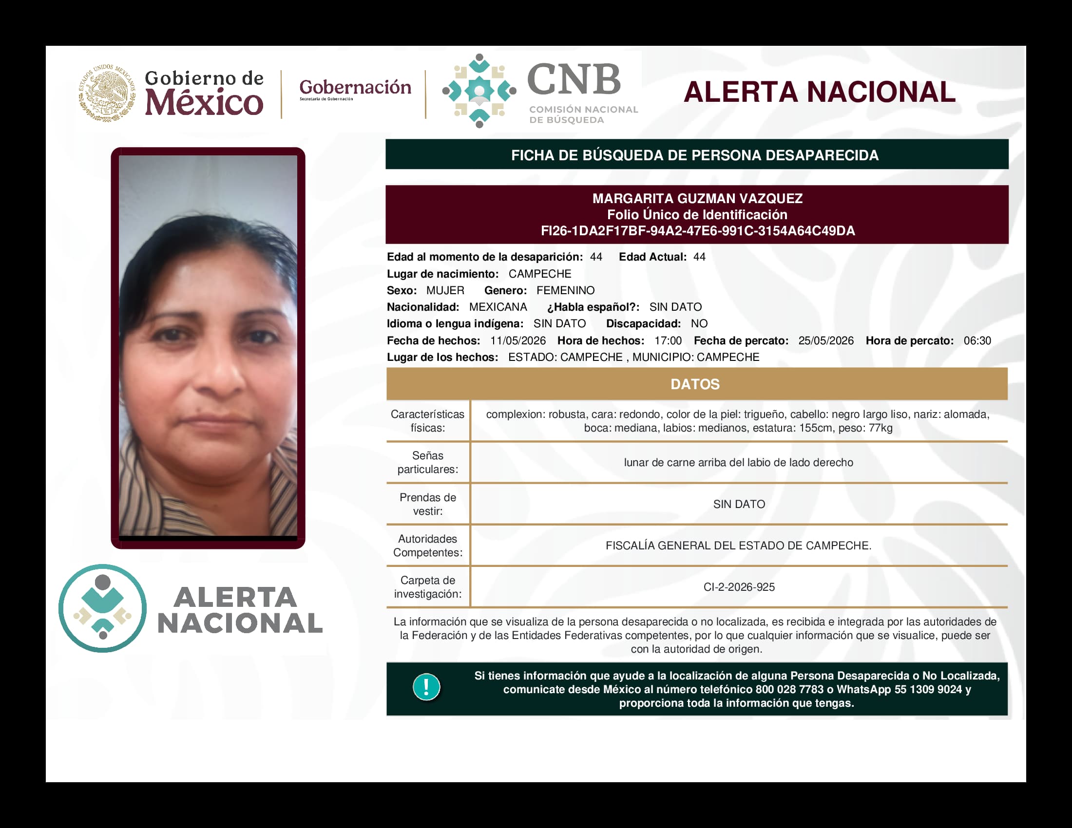 Persona desaparecida Margarita Guzman Vazquez