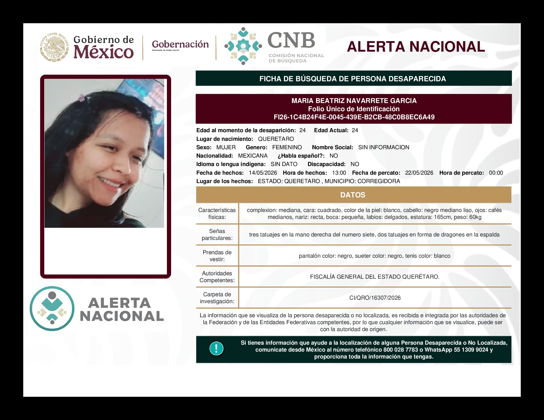 Persona desaparecida Maria Beatriz Navarrete Garcia