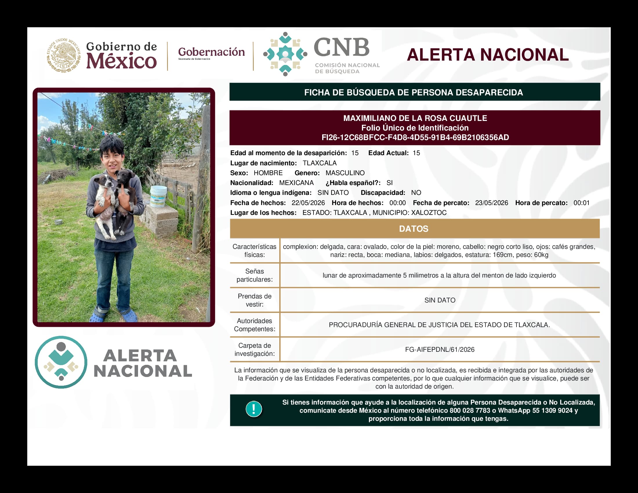 Persona desaparecida Maximiliano De La Rosa Cuautle
