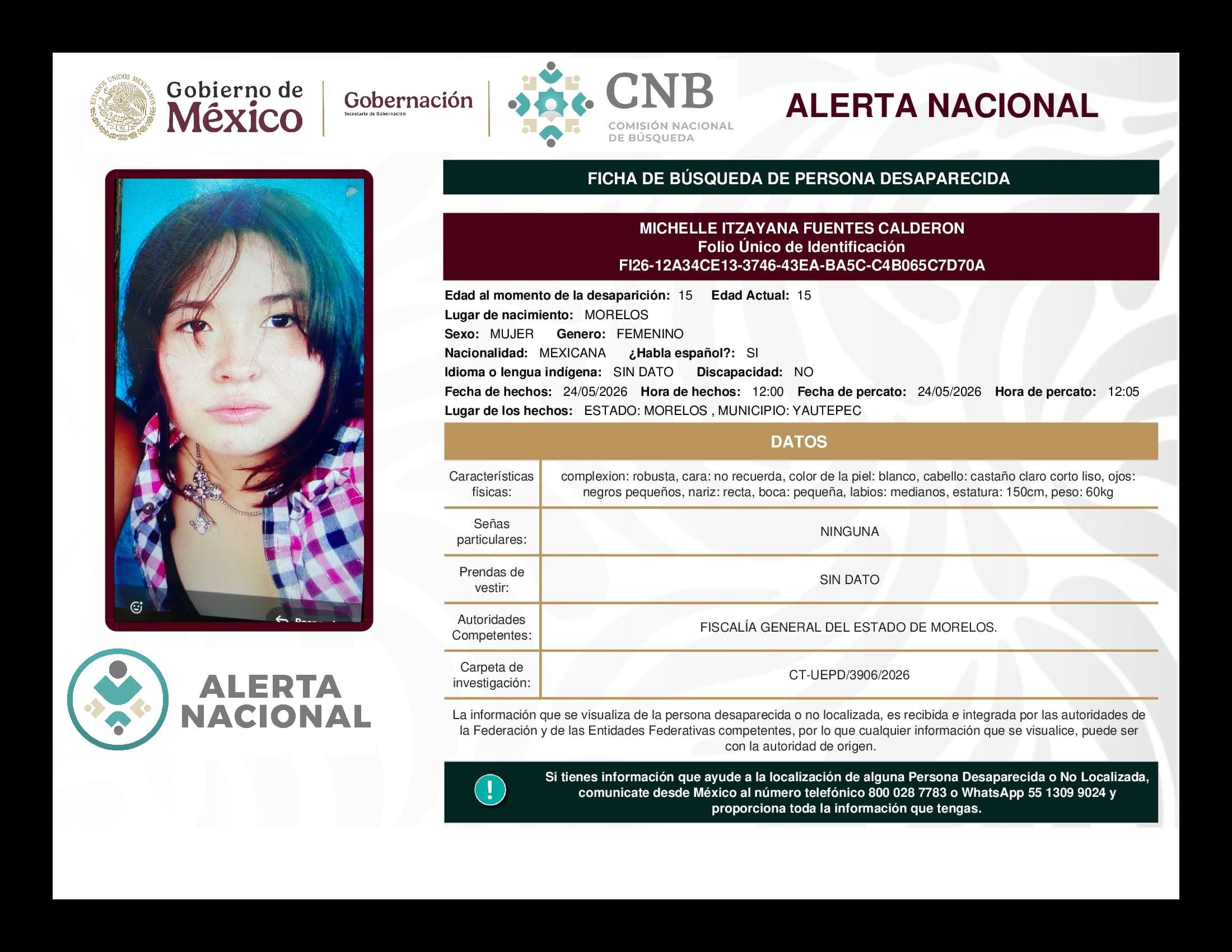 Persona desaparecida Michelle Itzayana Fuentes Calderon