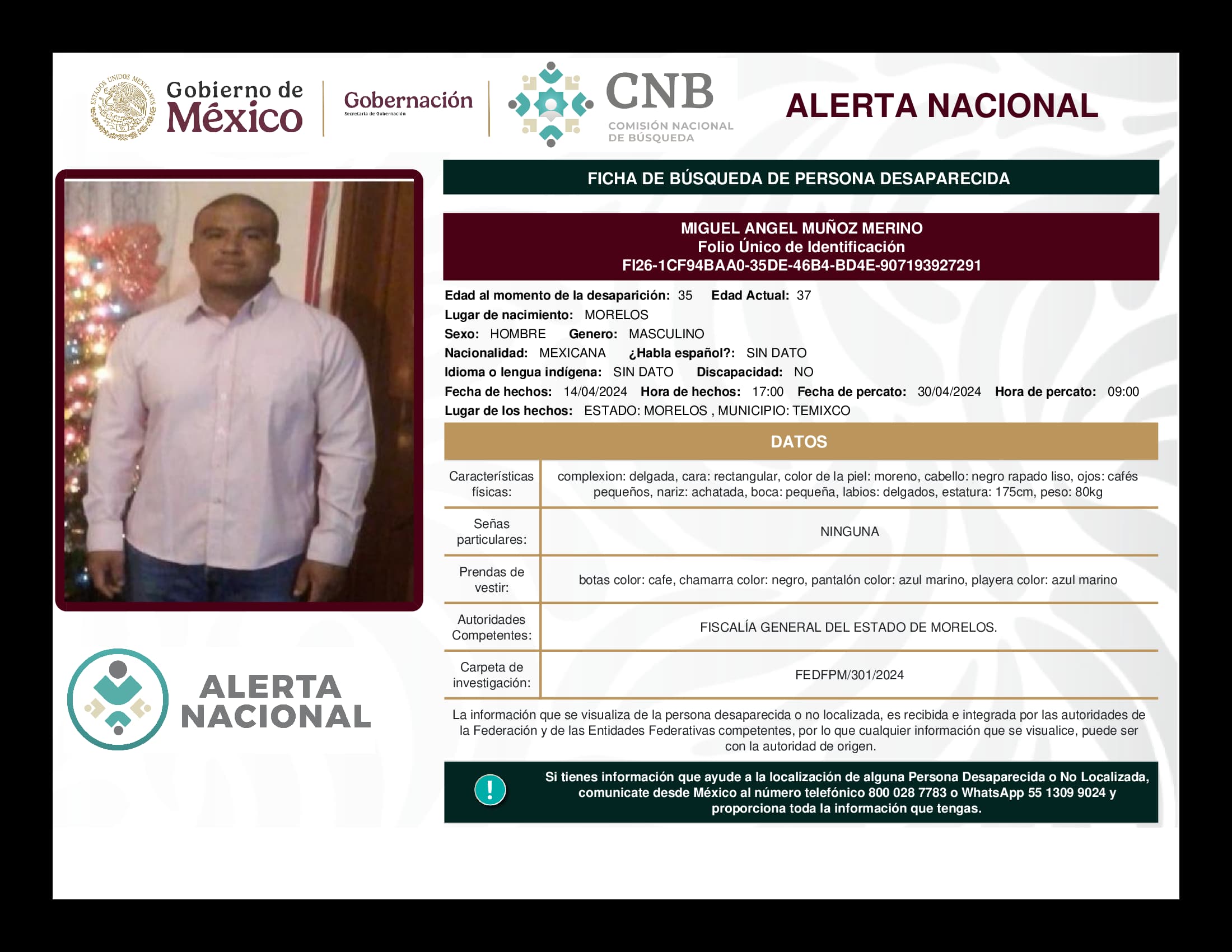 Persona desaparecida Miguel Angel Muñoz Merino