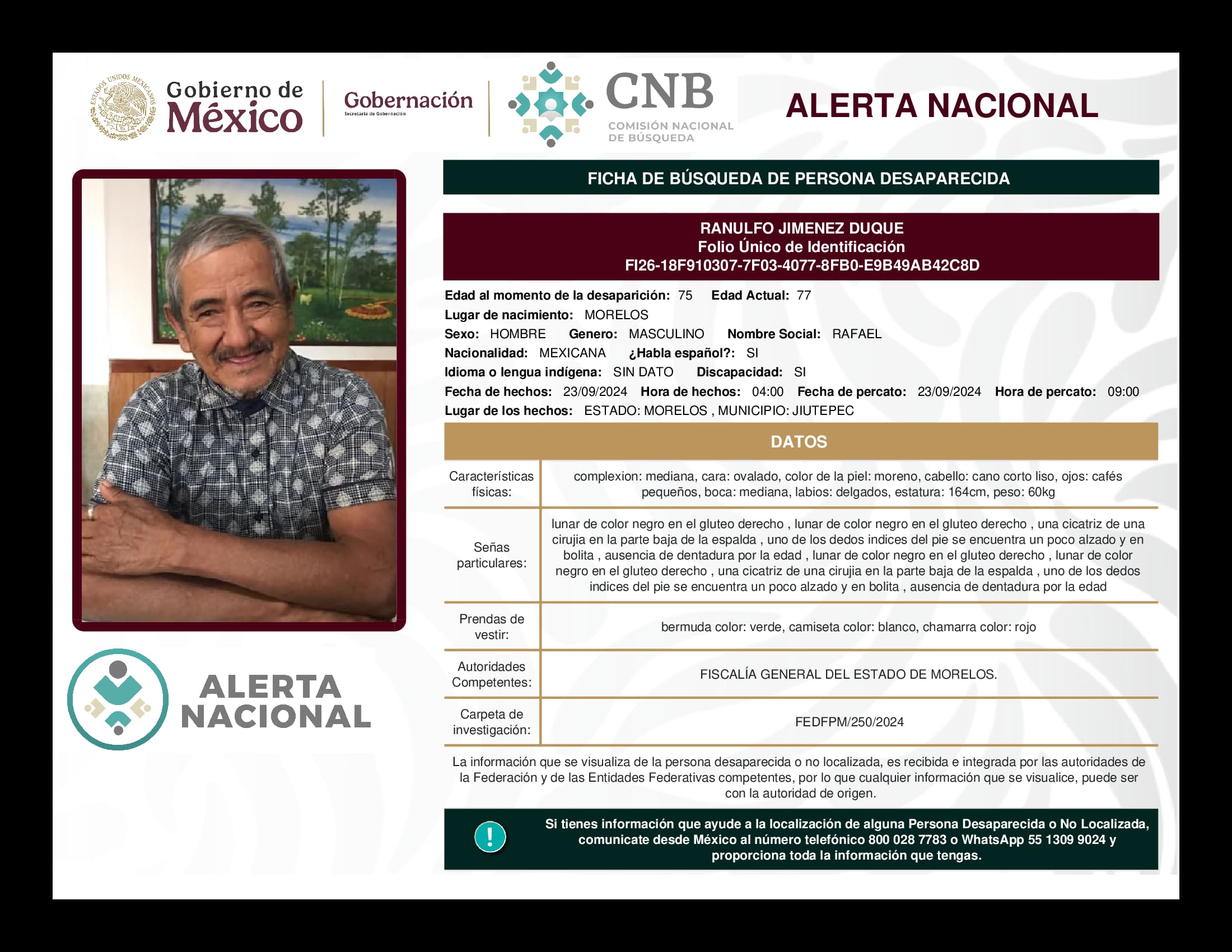 Persona desaparecida Ranulfo Jimenez Duque
