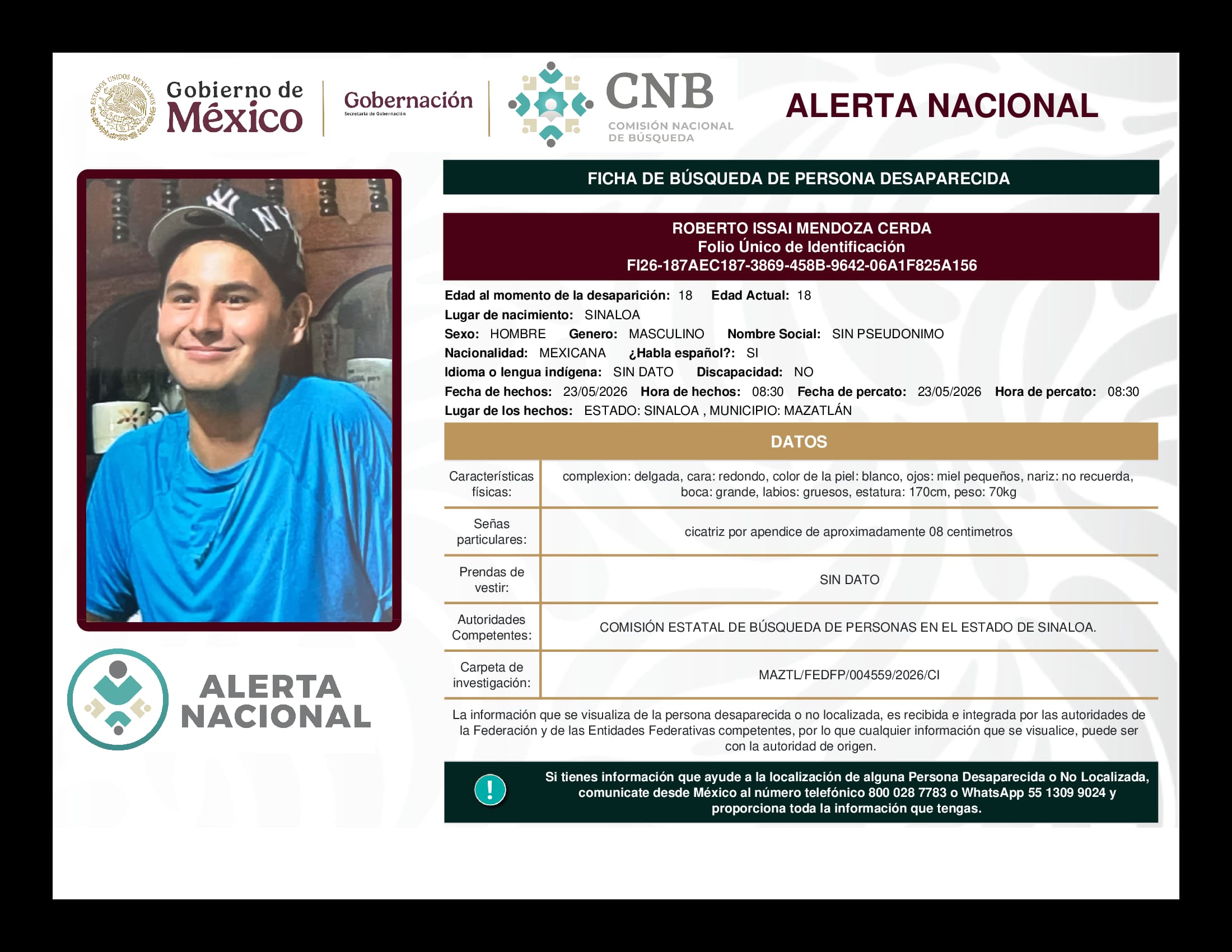 Persona desaparecida Roberto Issai Mendoza Cerda