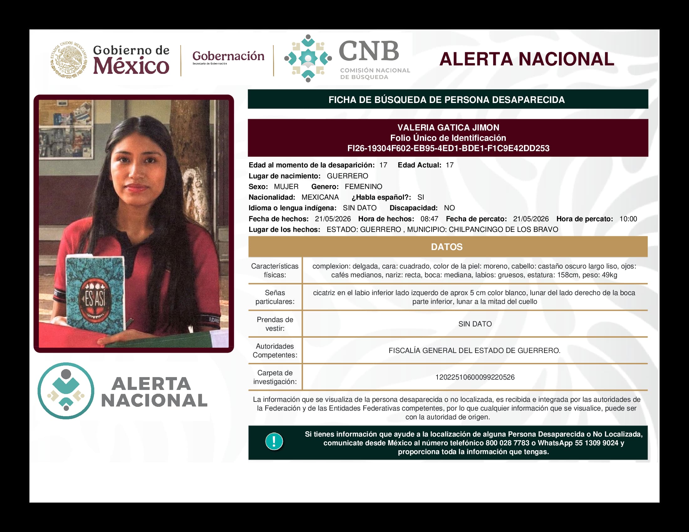 Persona desaparecida Valeria Gatica Jimon