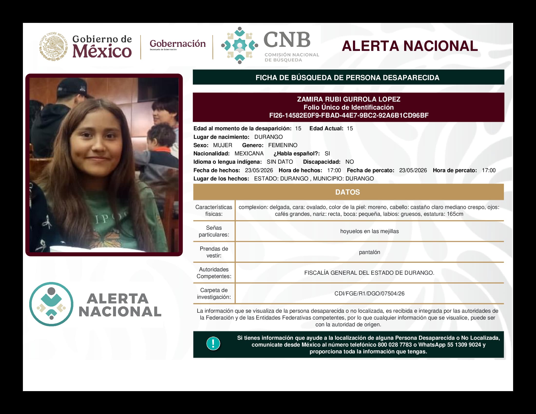 Persona desaparecida Zamira Rubi Gurrola Lopez