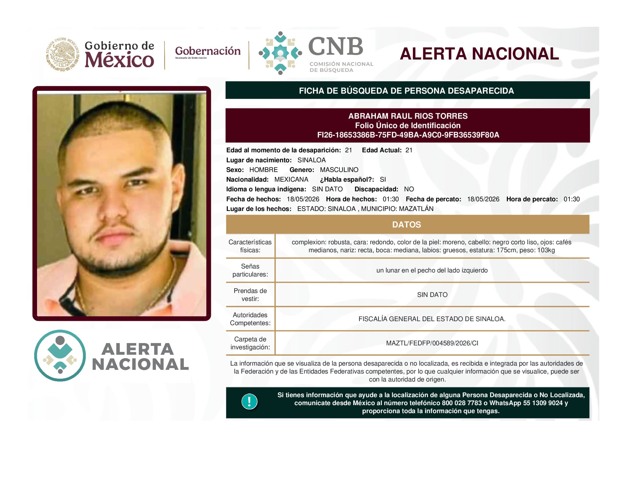 Persona desaparecida Abraham Raul Rios Torres