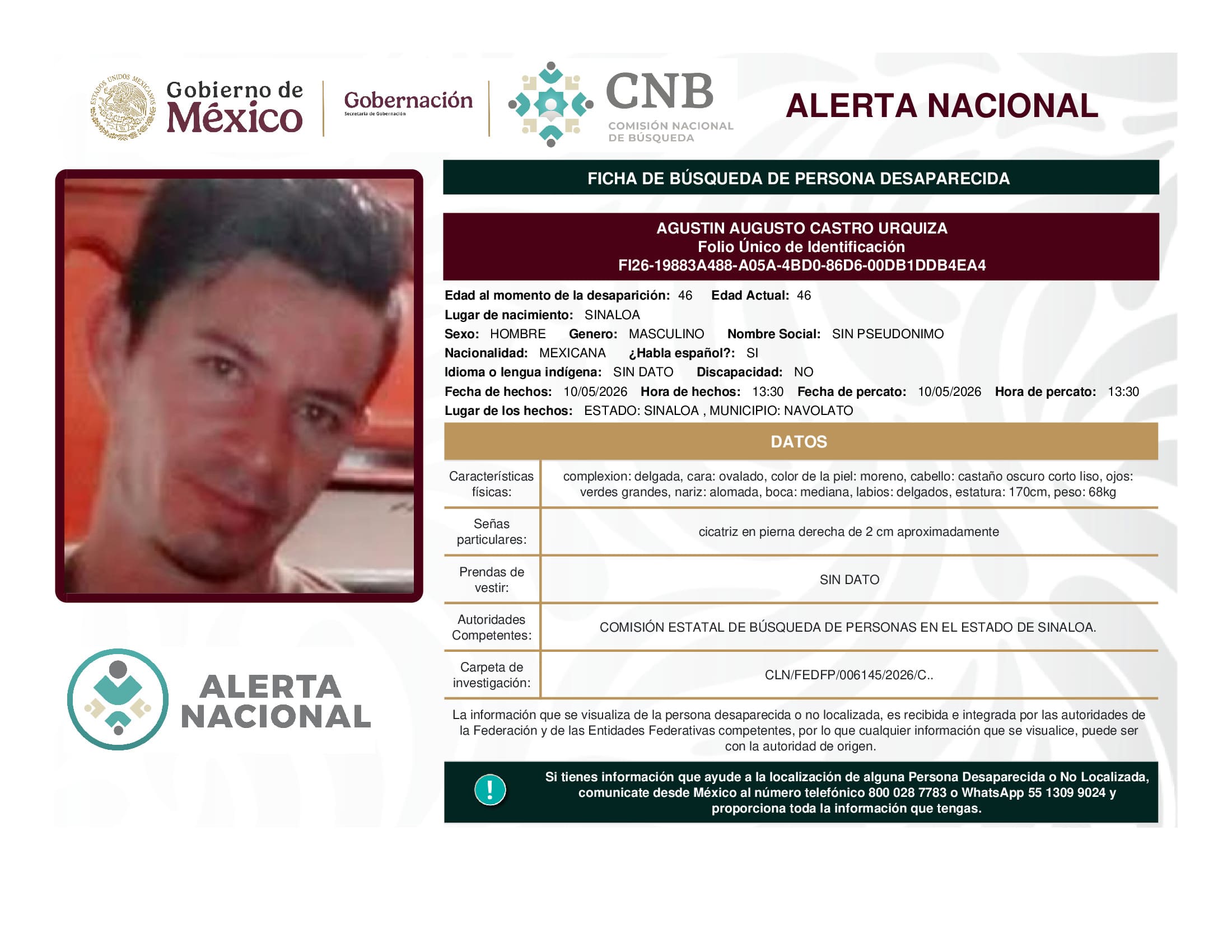 Persona desaparecida Agustin Augusto Castro Urquiza