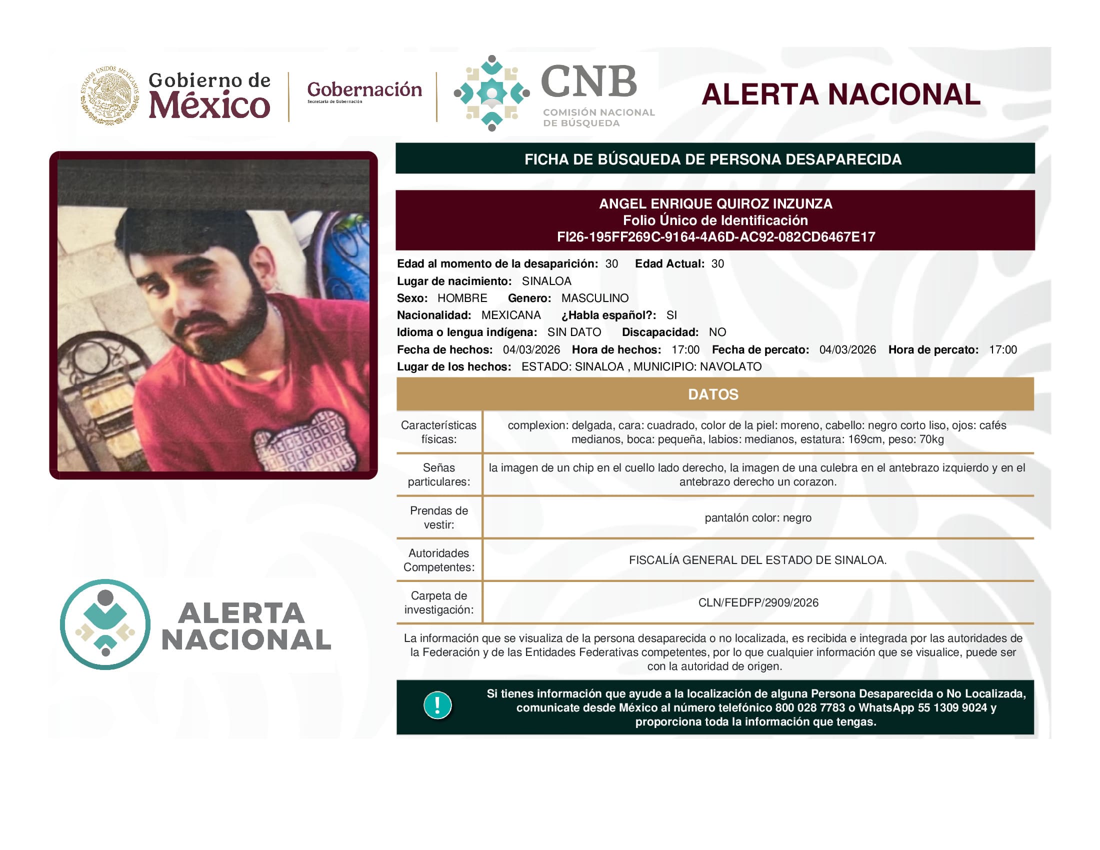 Persona desaparecida Angel Enrique Quiroz Inzunza