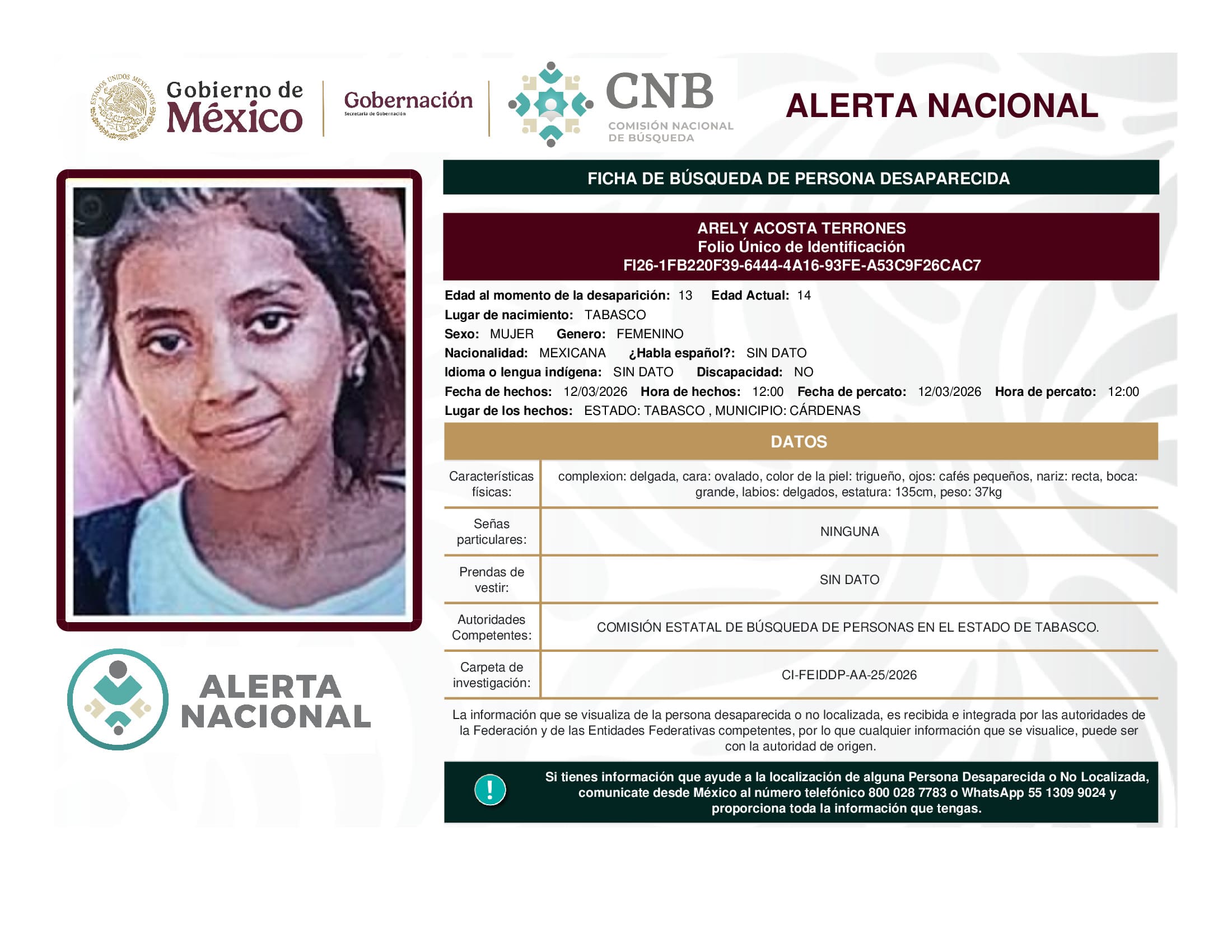 Persona desaparecida Arely Acosta Terrones