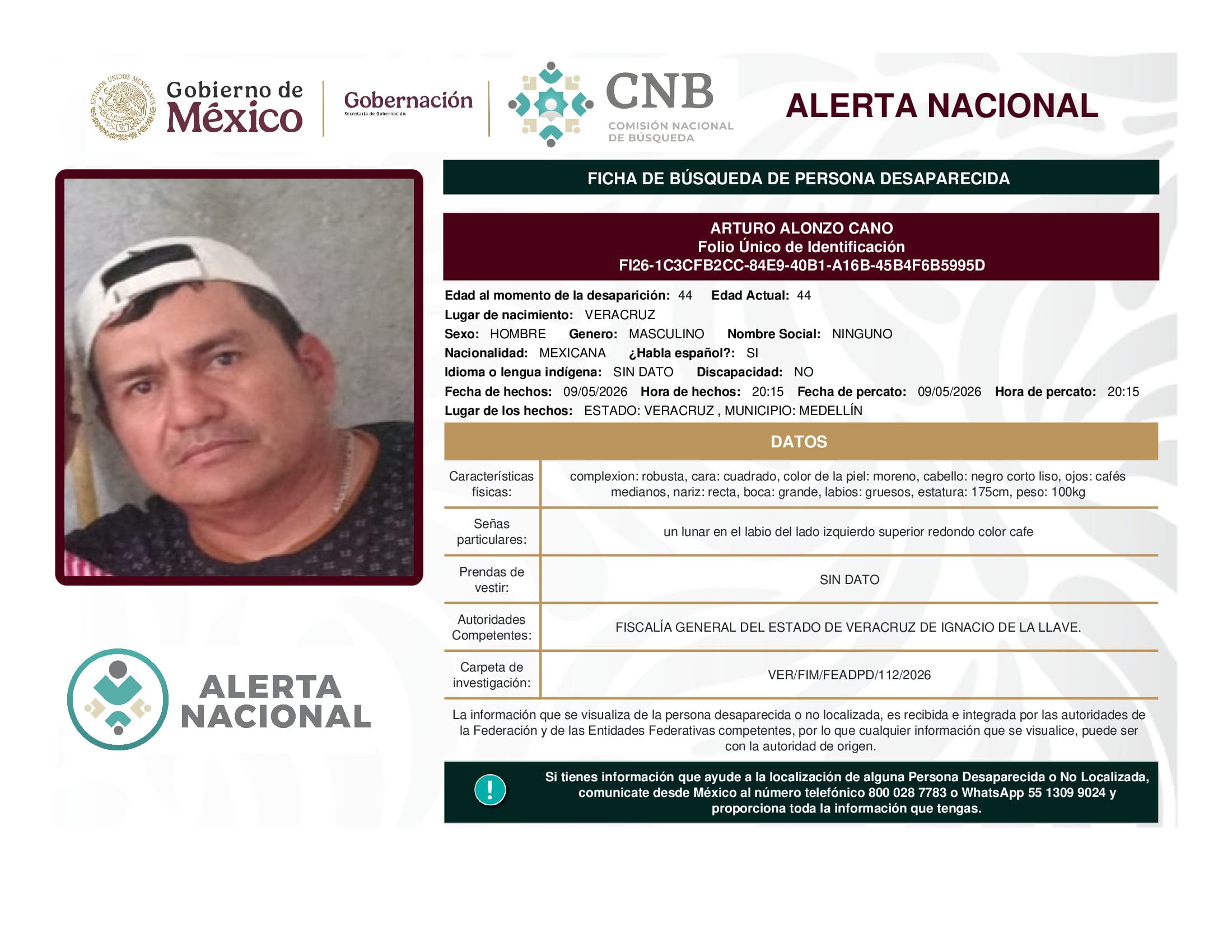 Persona desaparecida Arturo Alonzo Cano
