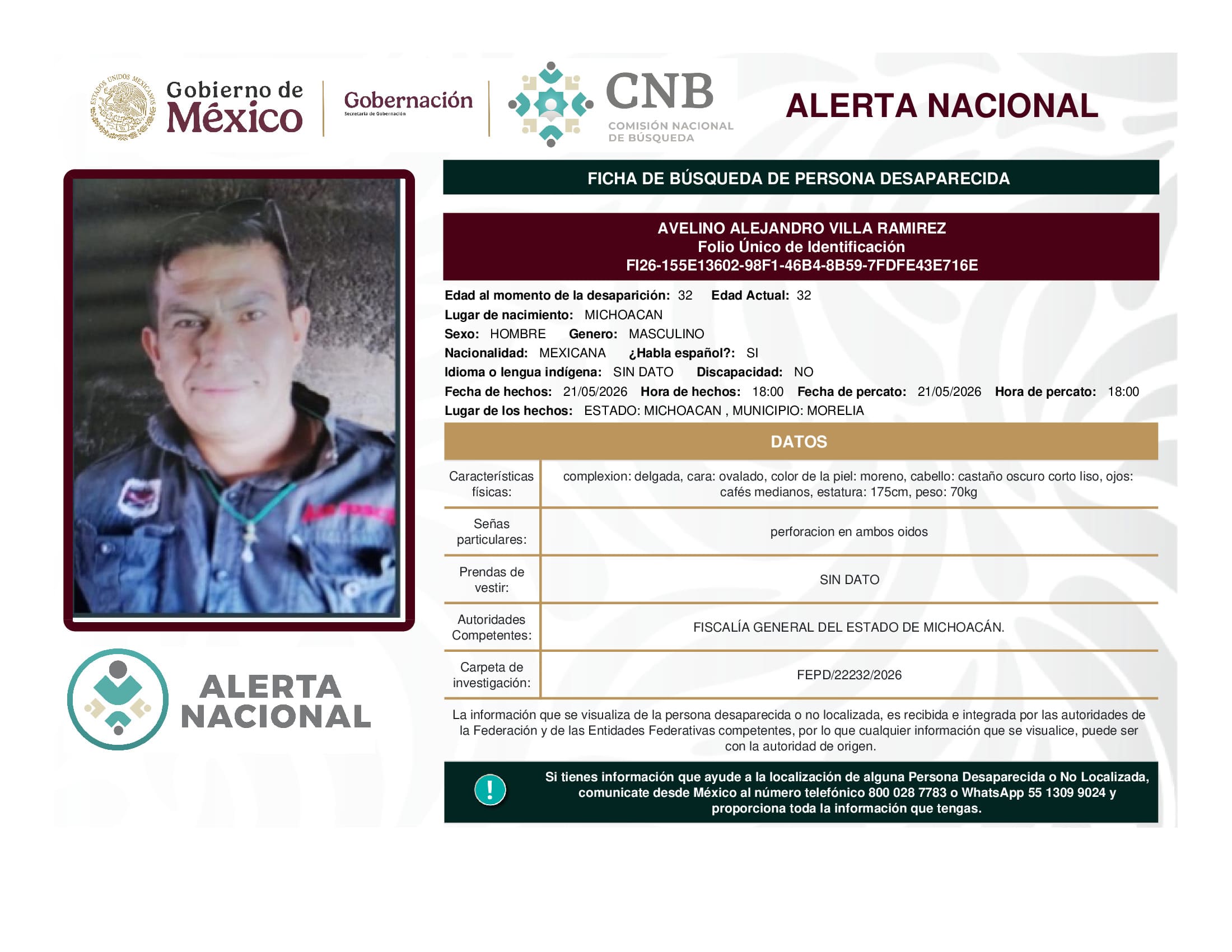 Persona desaparecida Avelino Alejandro Villa Ramirez
