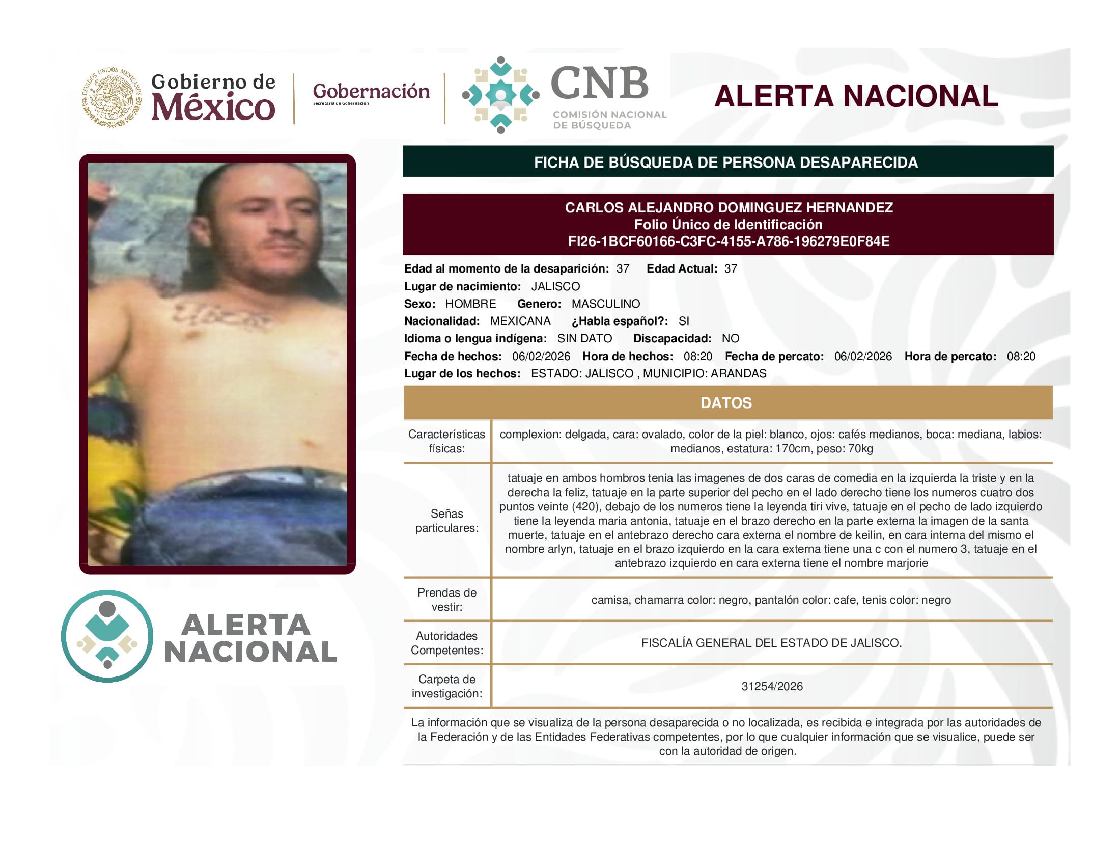 Persona desaparecida Carlos Alejandro Dominguez Hernandez