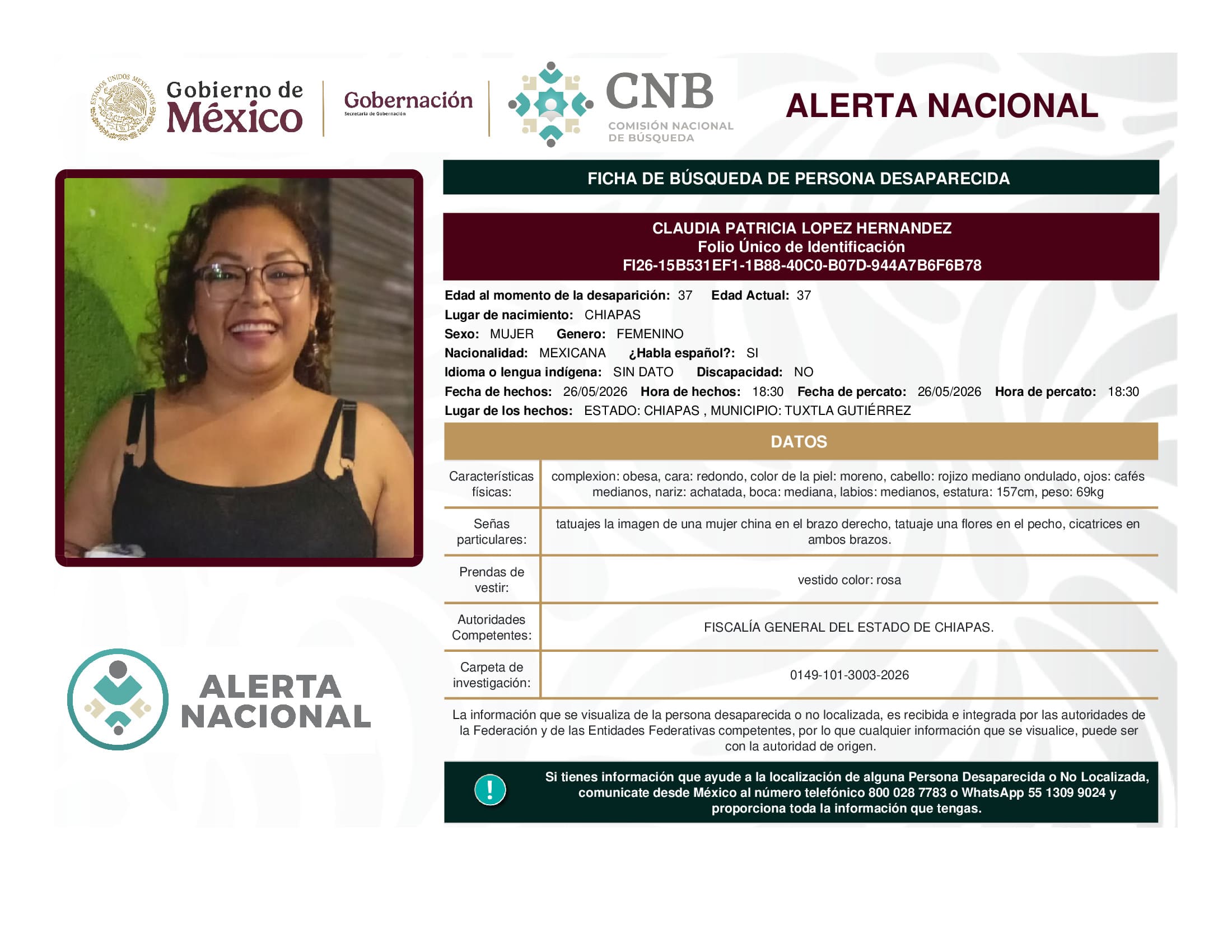 Persona desaparecida Claudia Patricia Lopez Hernandez