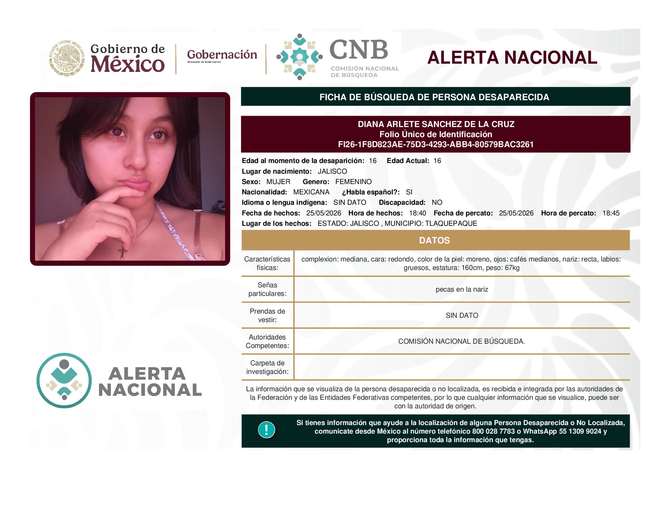 Persona desaparecida Diana Arlete Sanchez De La Cruz