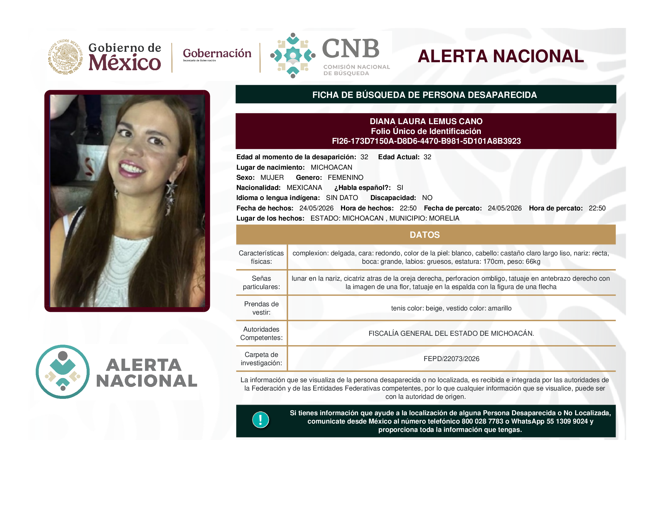 Persona desaparecida Diana Laura Lemus Cano