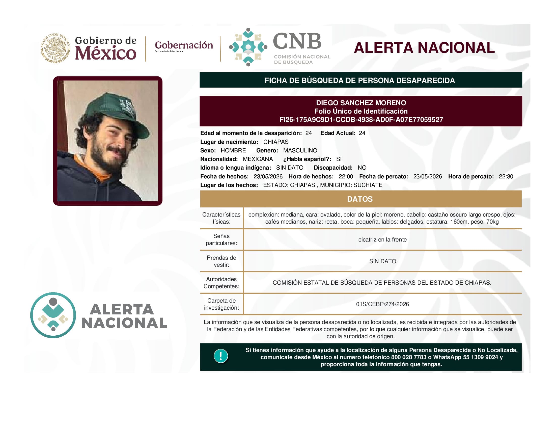 Persona desaparecida Diego Sanchez Moreno