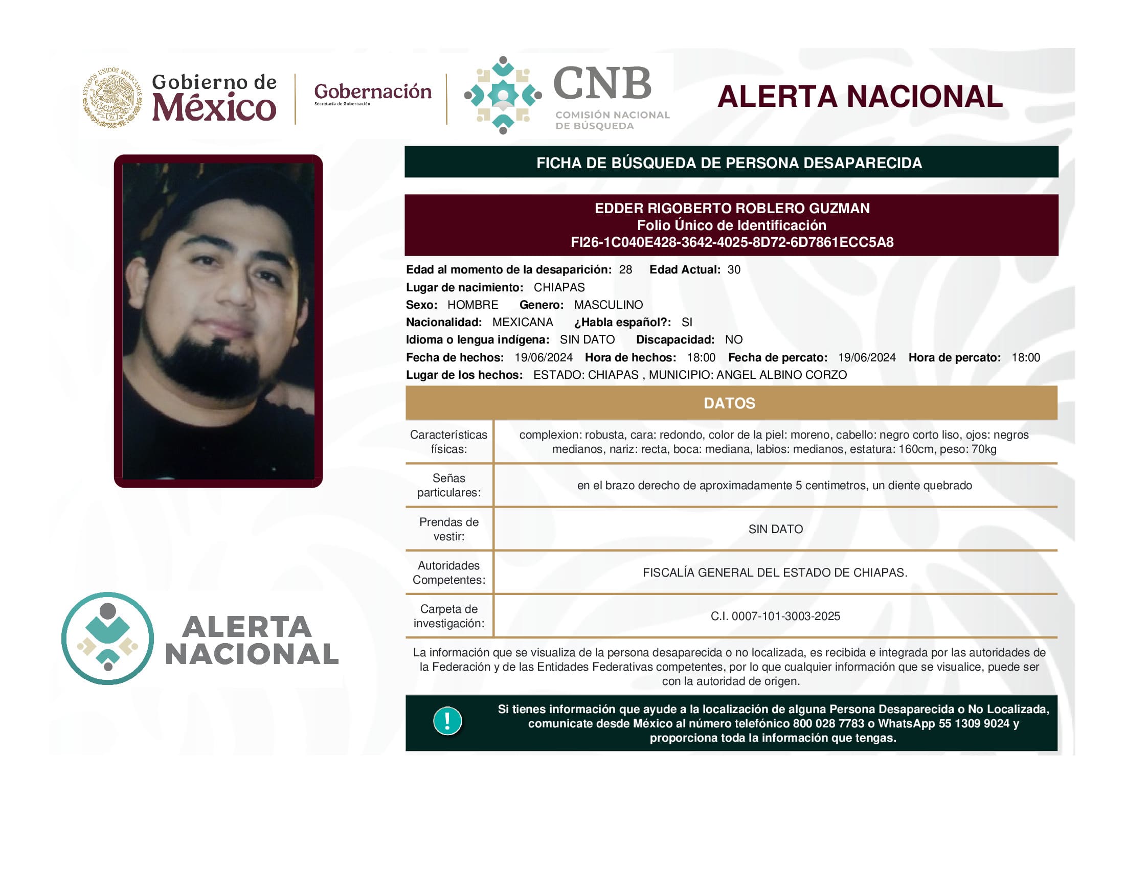 Persona desaparecida Edder Rigoberto Roblero Guzman