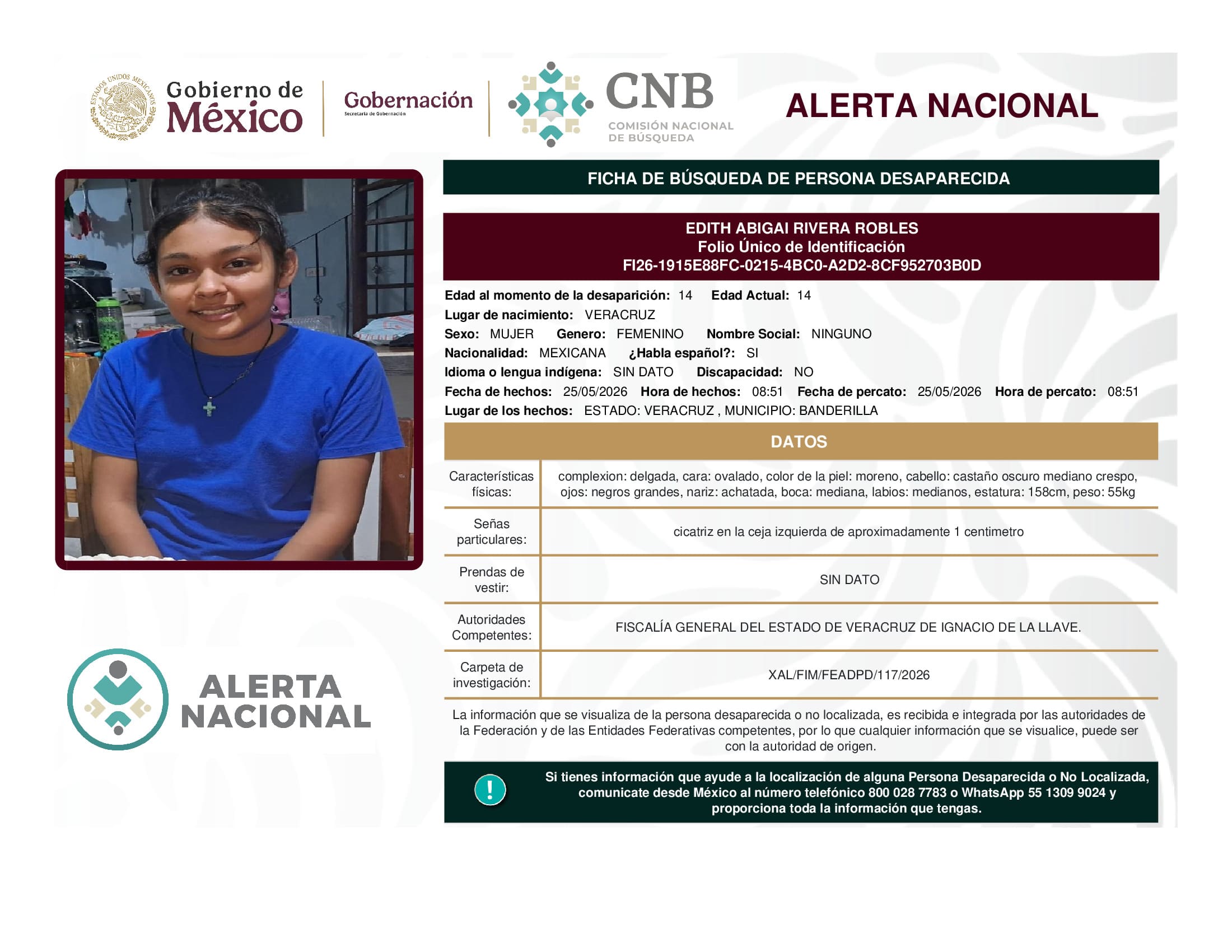Persona desaparecida Edith Abigai Rivera Robles