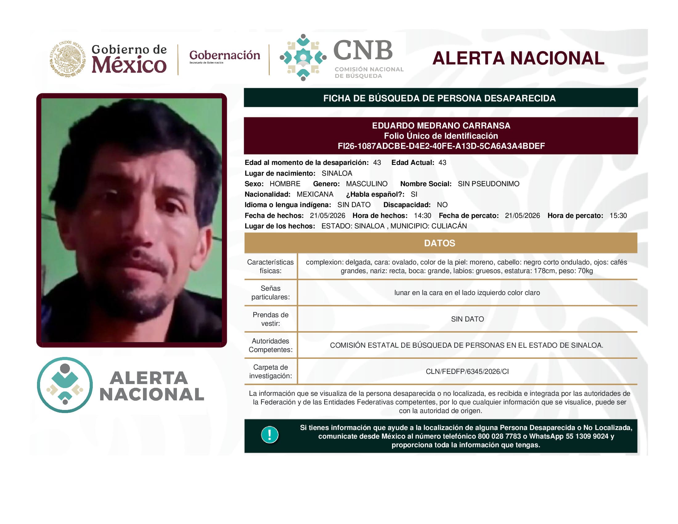 Persona desaparecida Eduardo Medrano Carransa