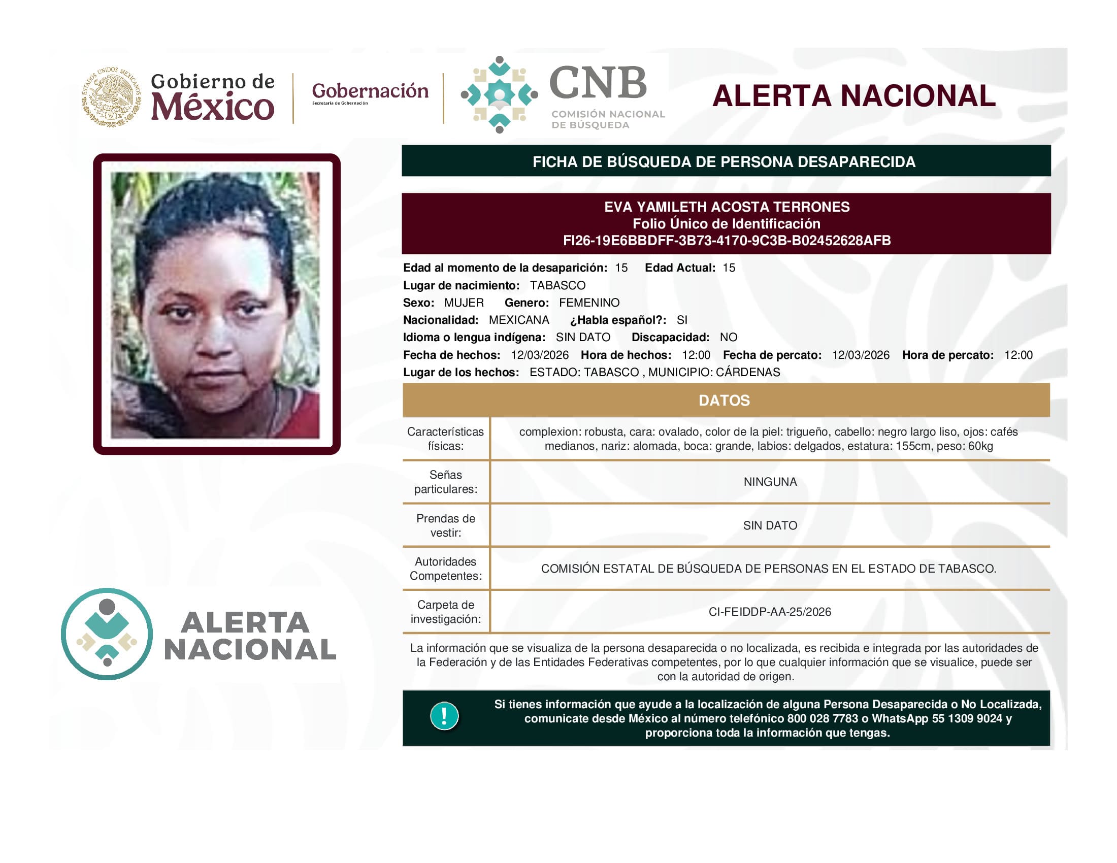 Persona desaparecida Eva Yamileth Acosta Terrones