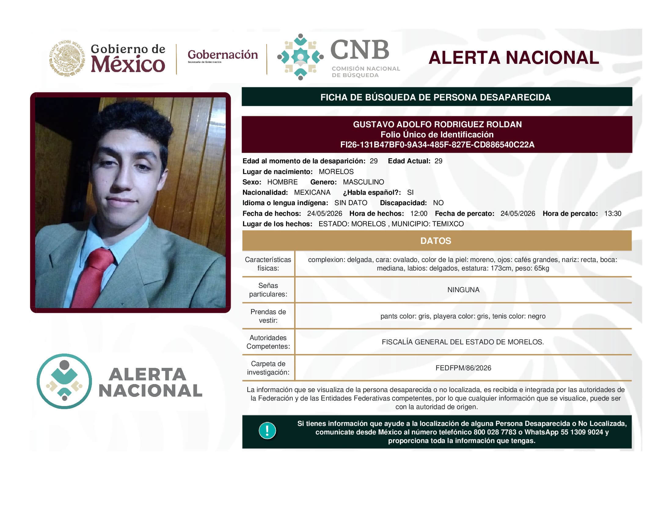 Persona desaparecida Gustavo Adolfo Rodriguez Roldan
