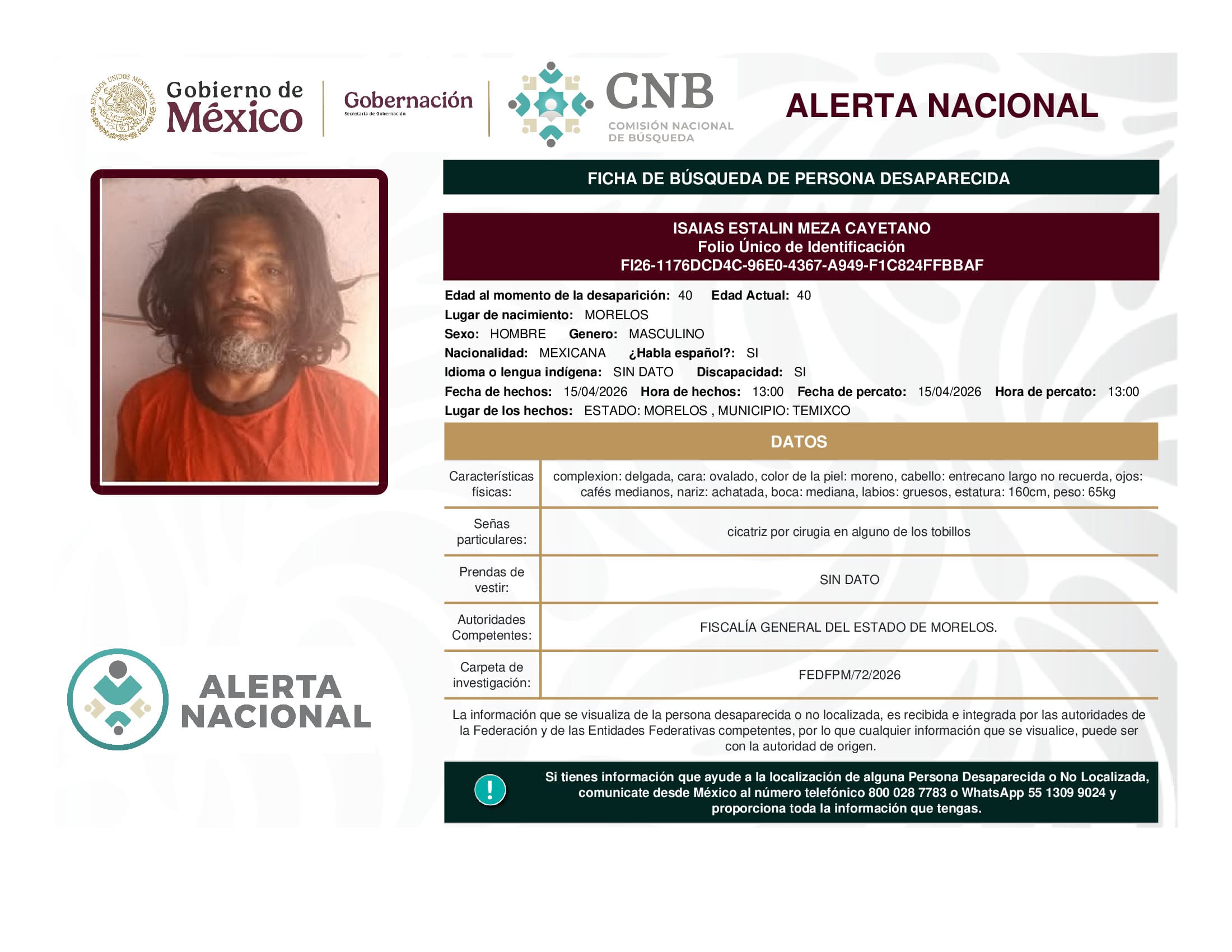 Persona desaparecida Isaias Estalin Meza Cayetano