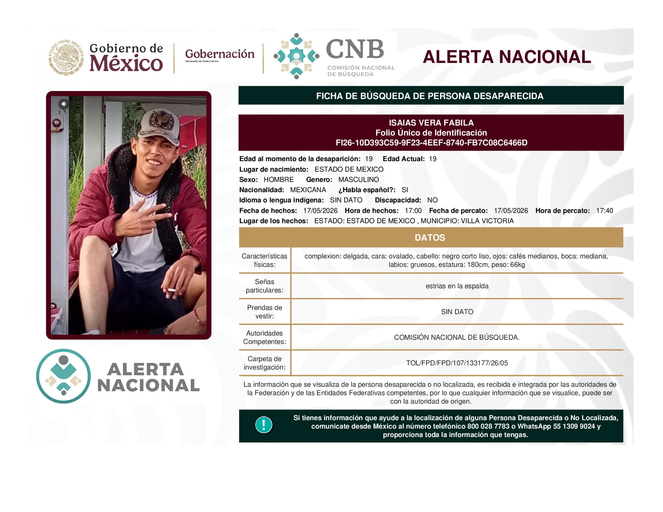 Persona desaparecida Isaias Vera Fabila