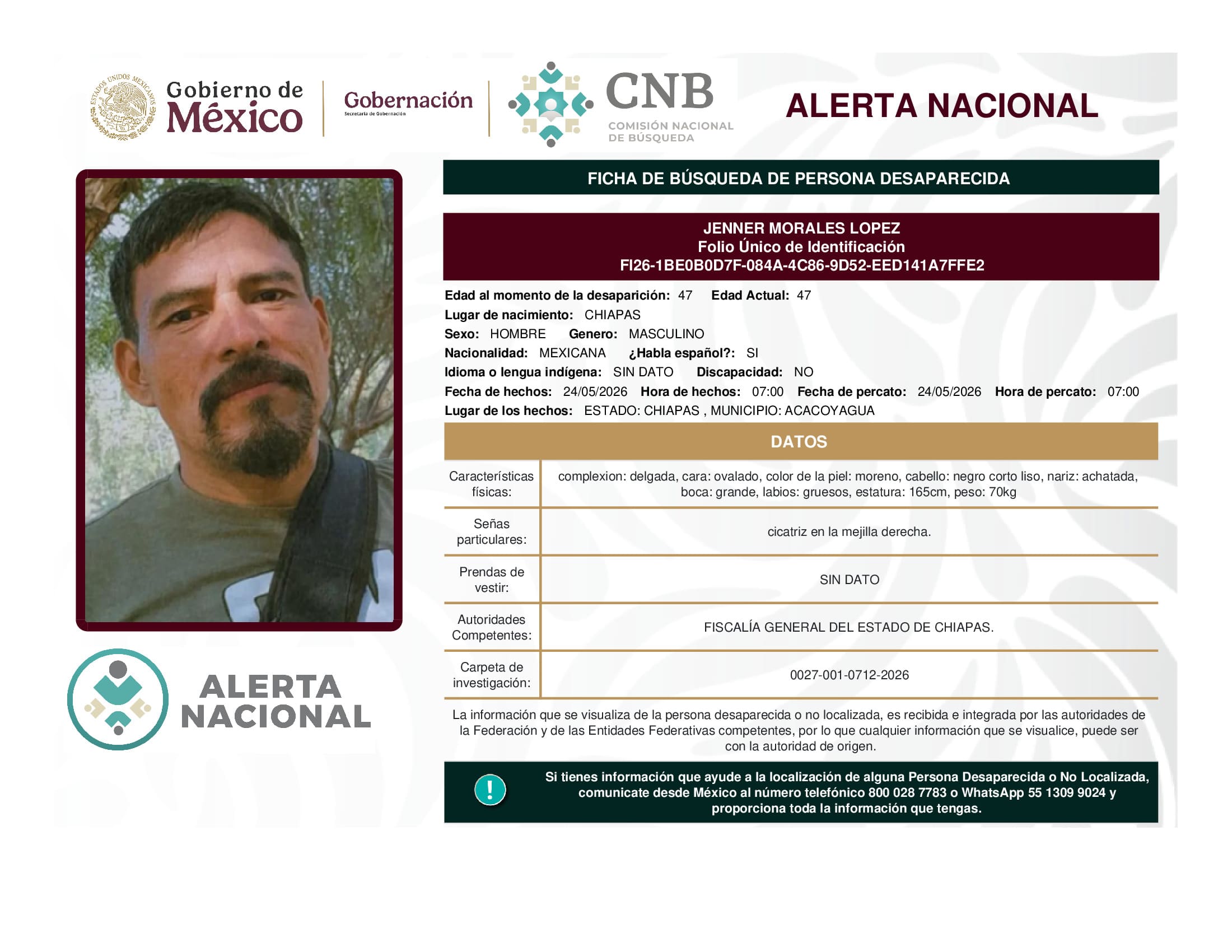 Persona desaparecida Jenner Morales Lopez