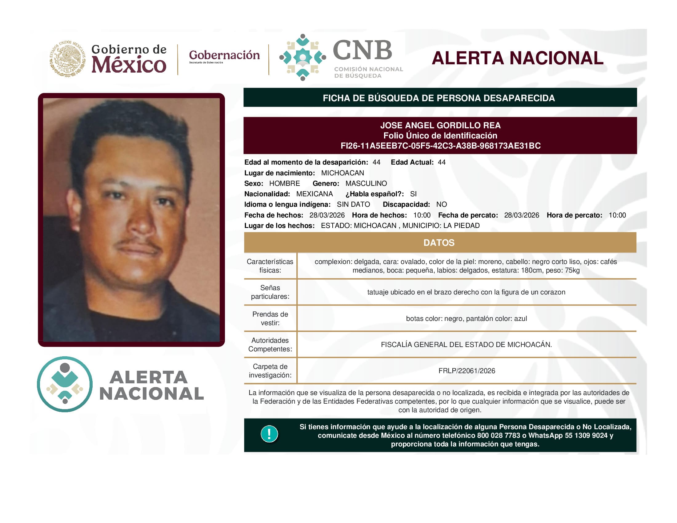 Persona desaparecida Jose Angel Gordillo Rea
