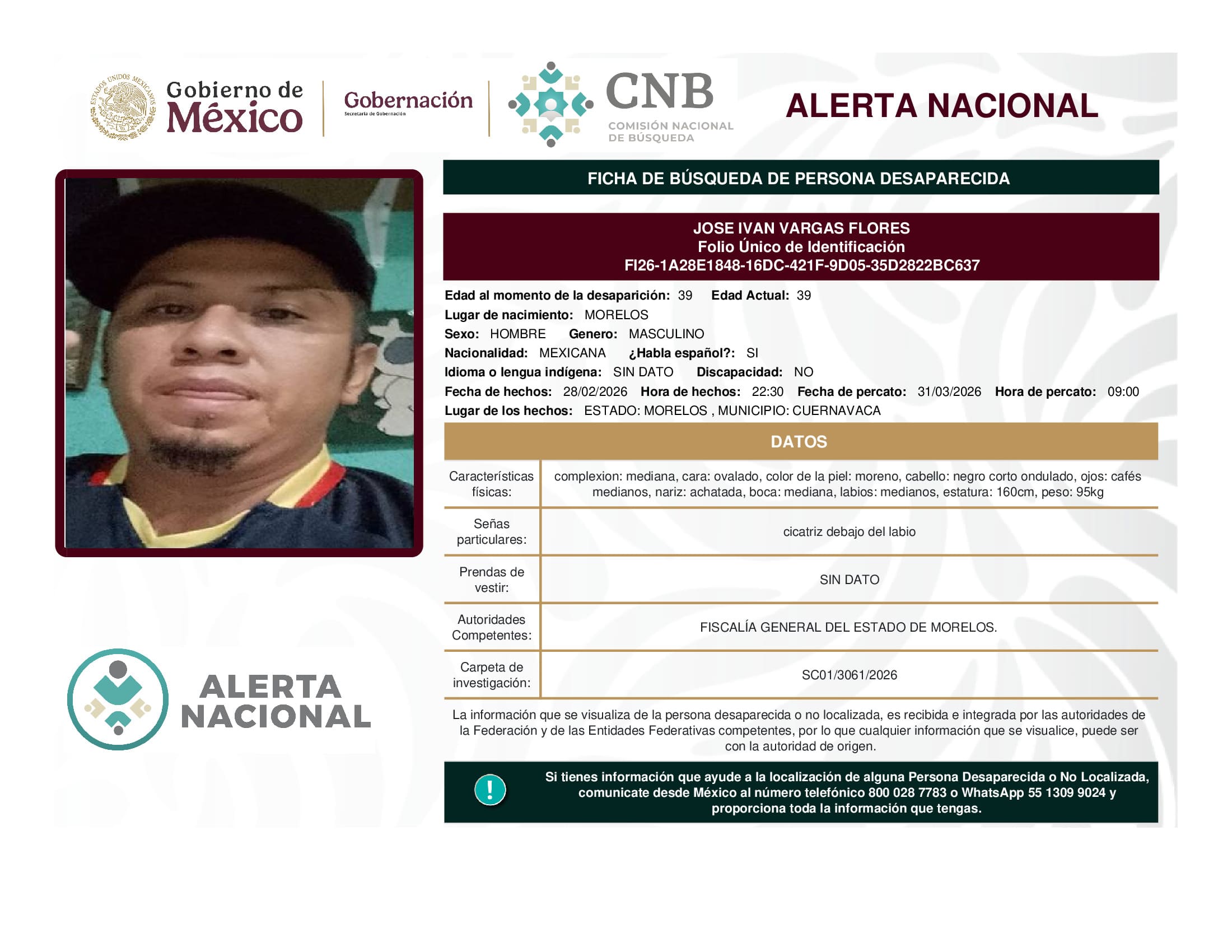 Persona desaparecida Jose Ivan Vargas Flores