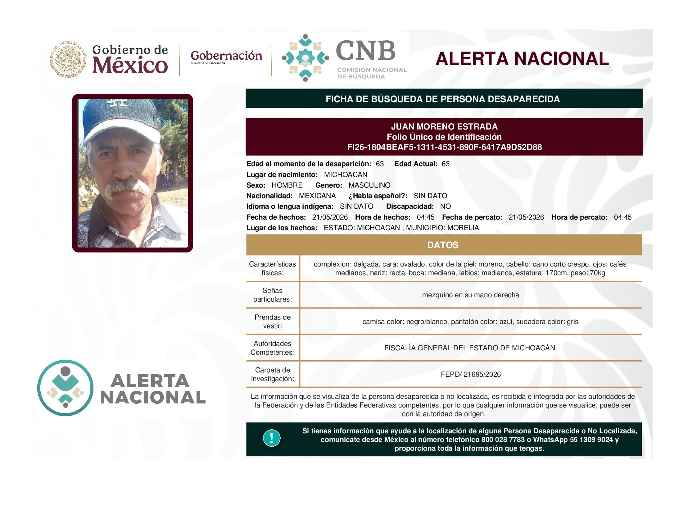 Persona desaparecida Juan Moreno Estrada