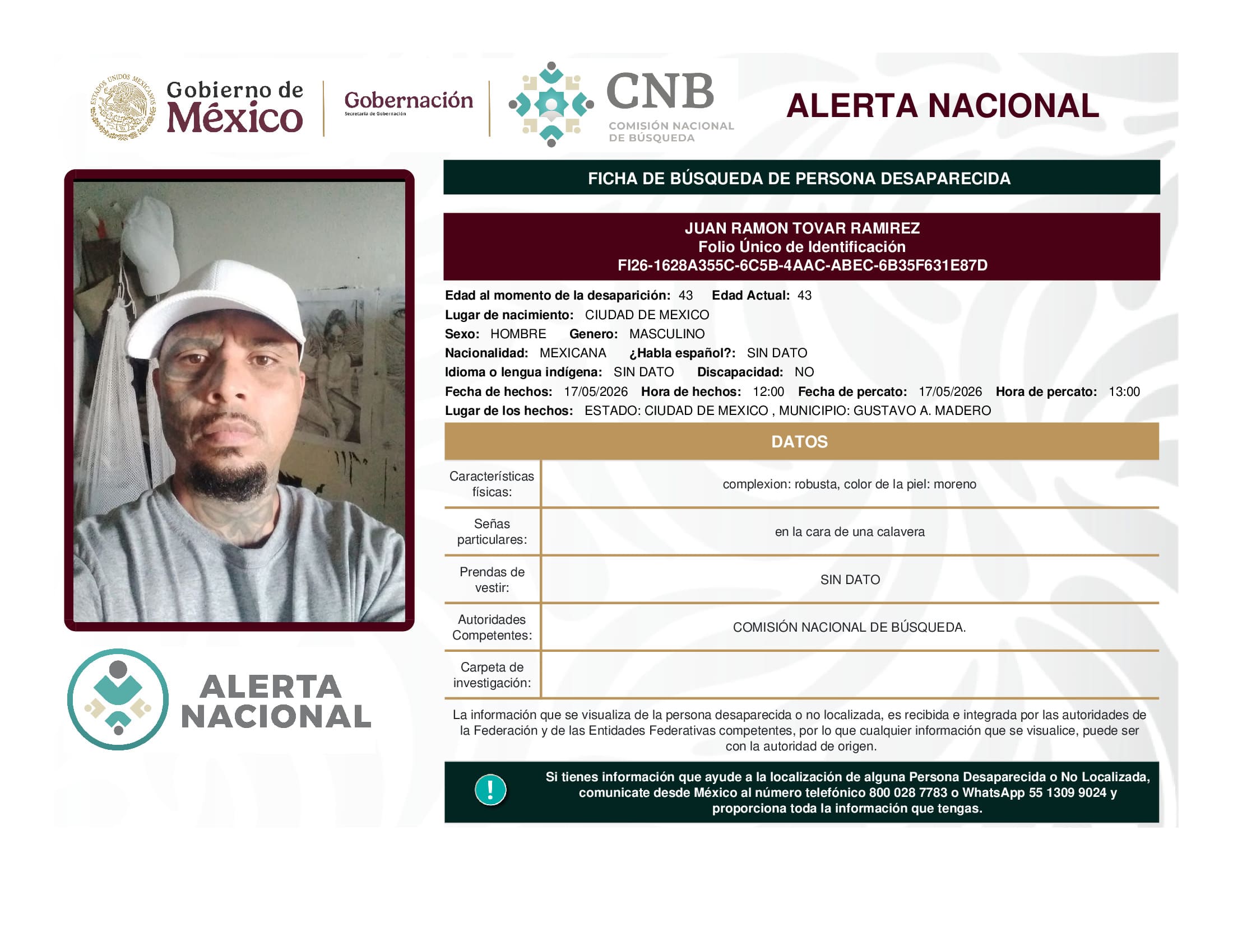 Persona desaparecida Juan Ramon Tovar Ramirez