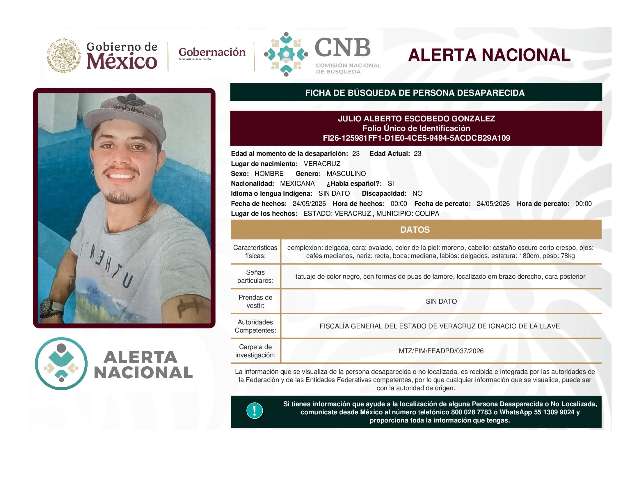 Persona desaparecida Julio Alberto Escobedo Gonzalez