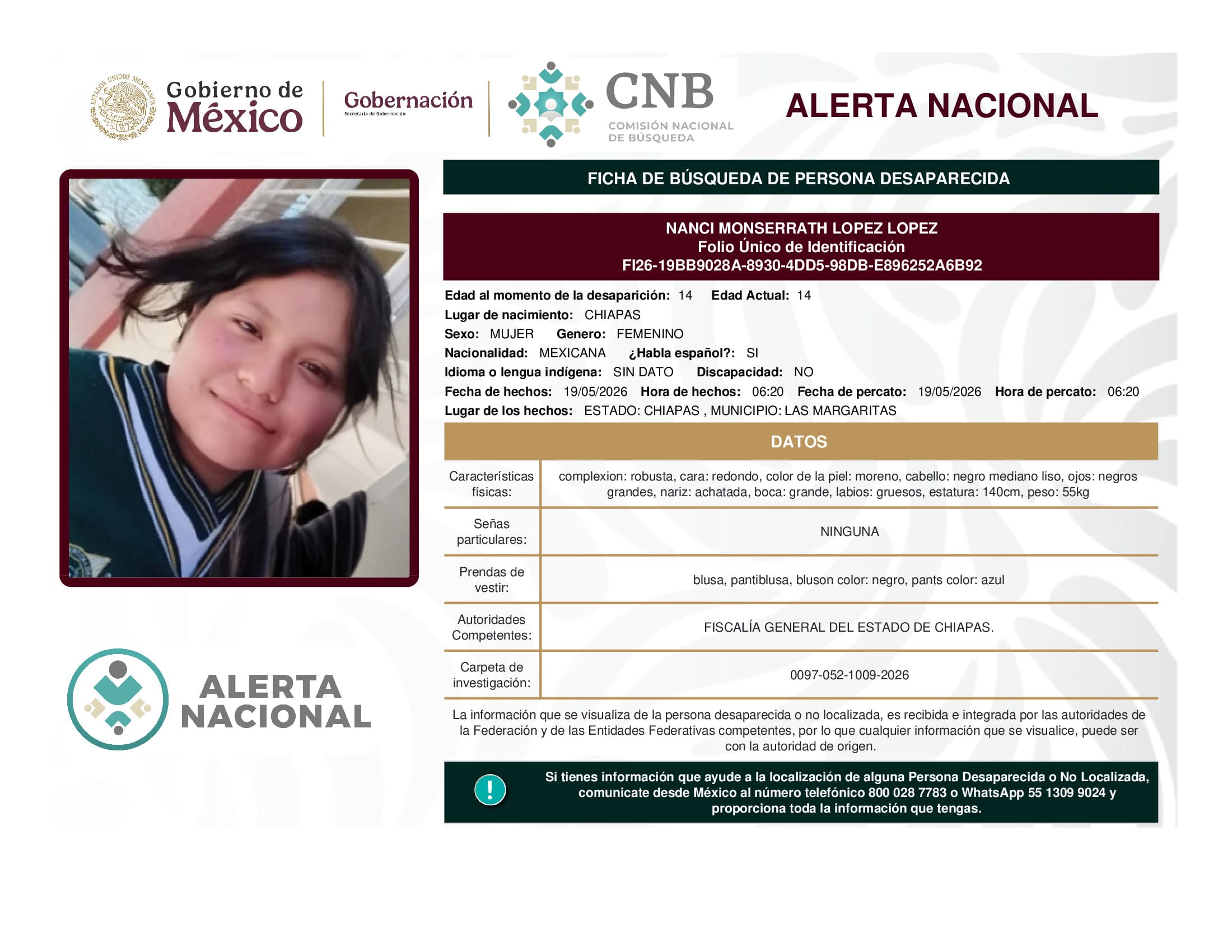 Persona desaparecida Nanci Monserrath Lopez Lopez