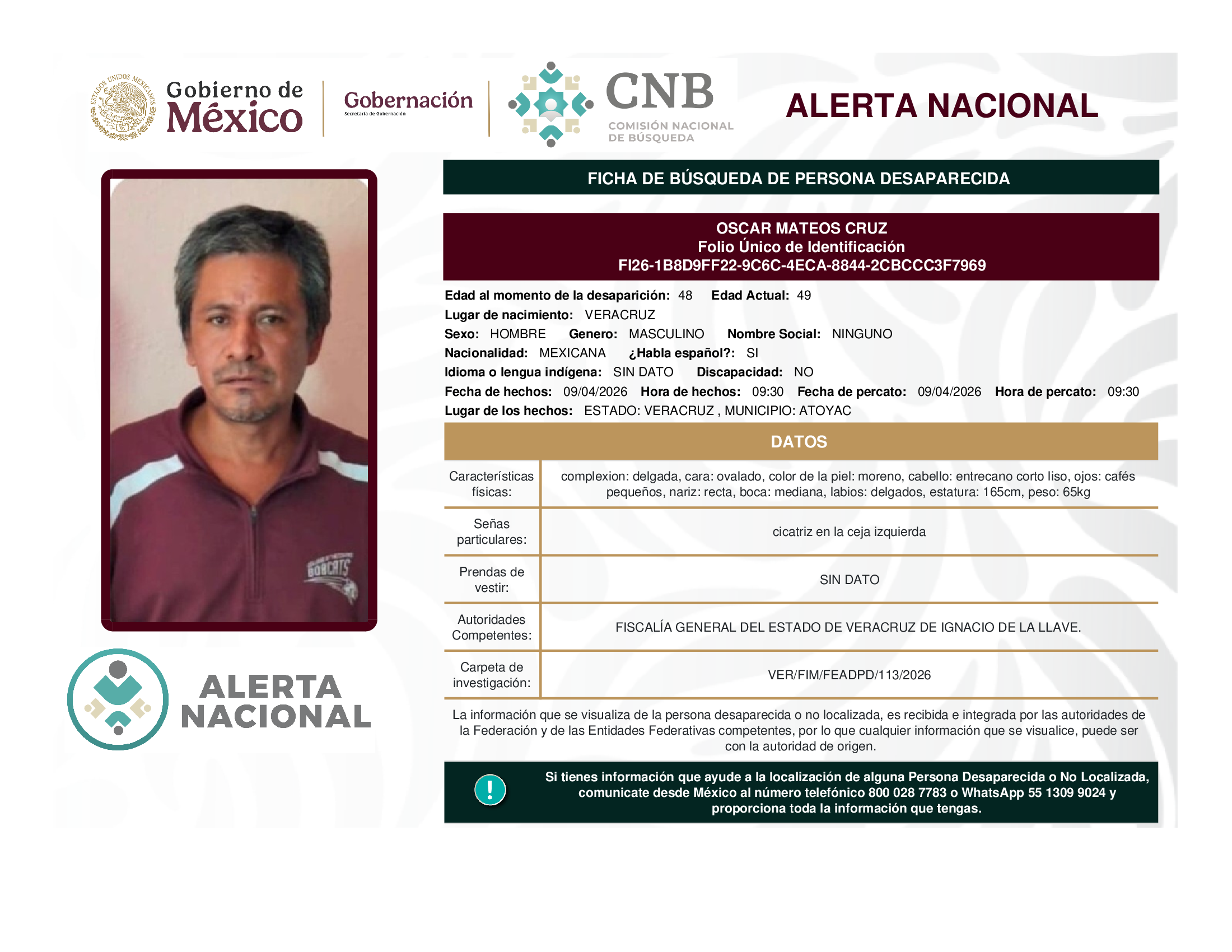 Persona desaparecida Oscar Mateos Cruz