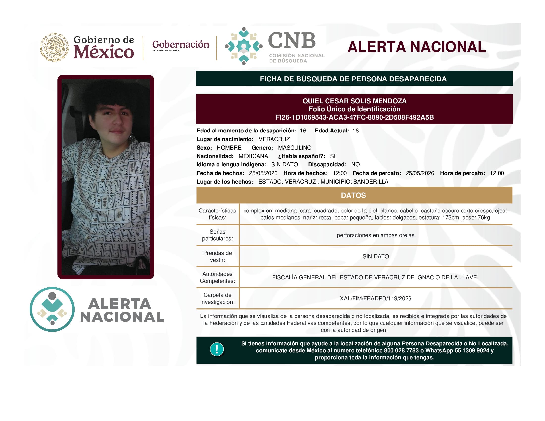 Persona desaparecida Quiel Cesar Solis Mendoza