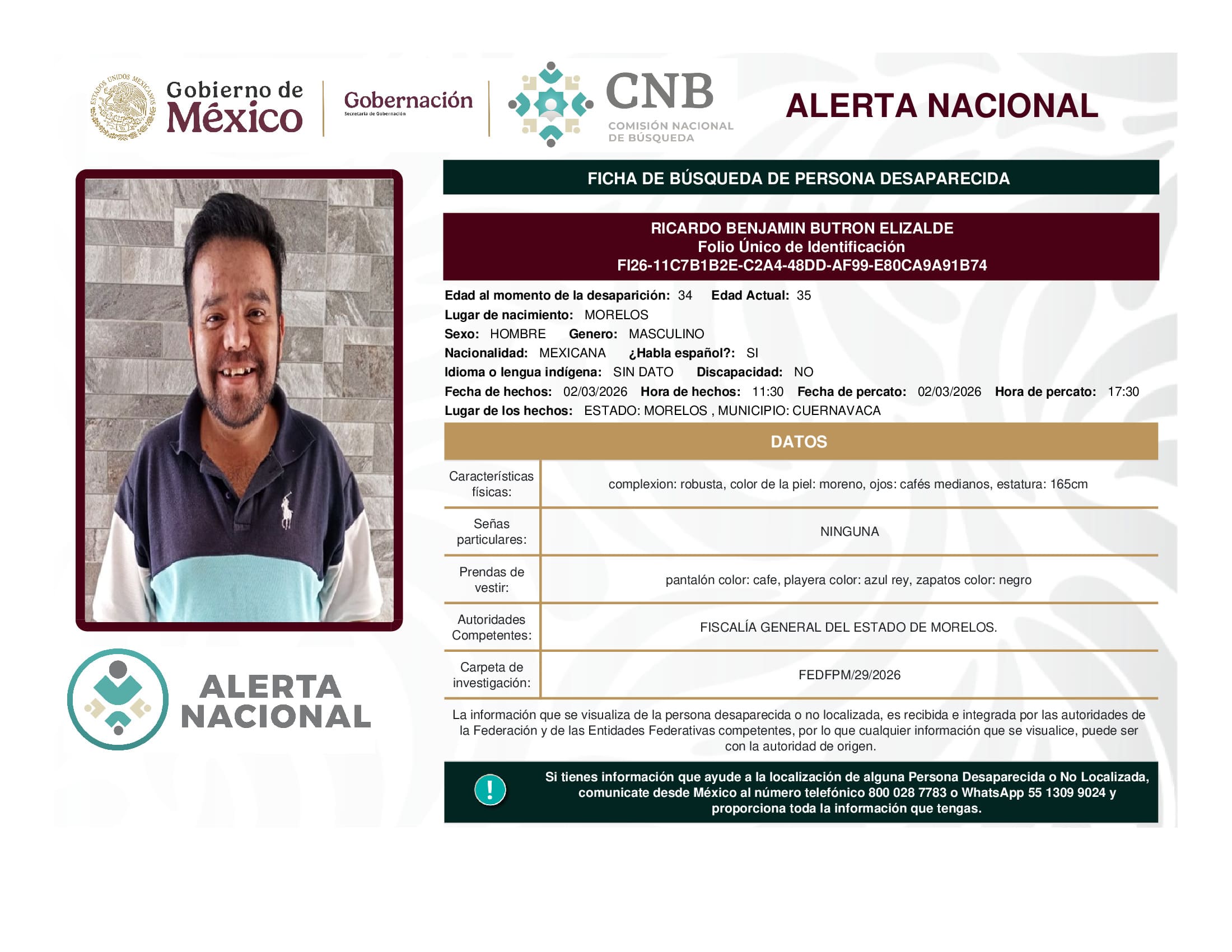 Persona desaparecida Ricardo Benjamin Butron Elizalde