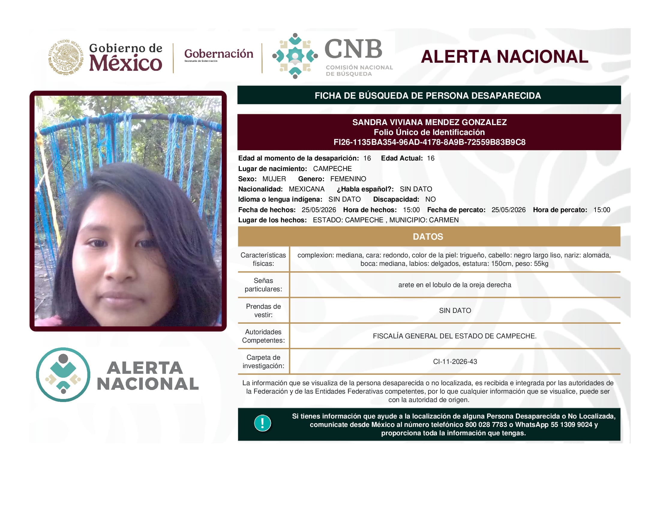 Persona desaparecida Sandra Viviana Mendez Gonzalez