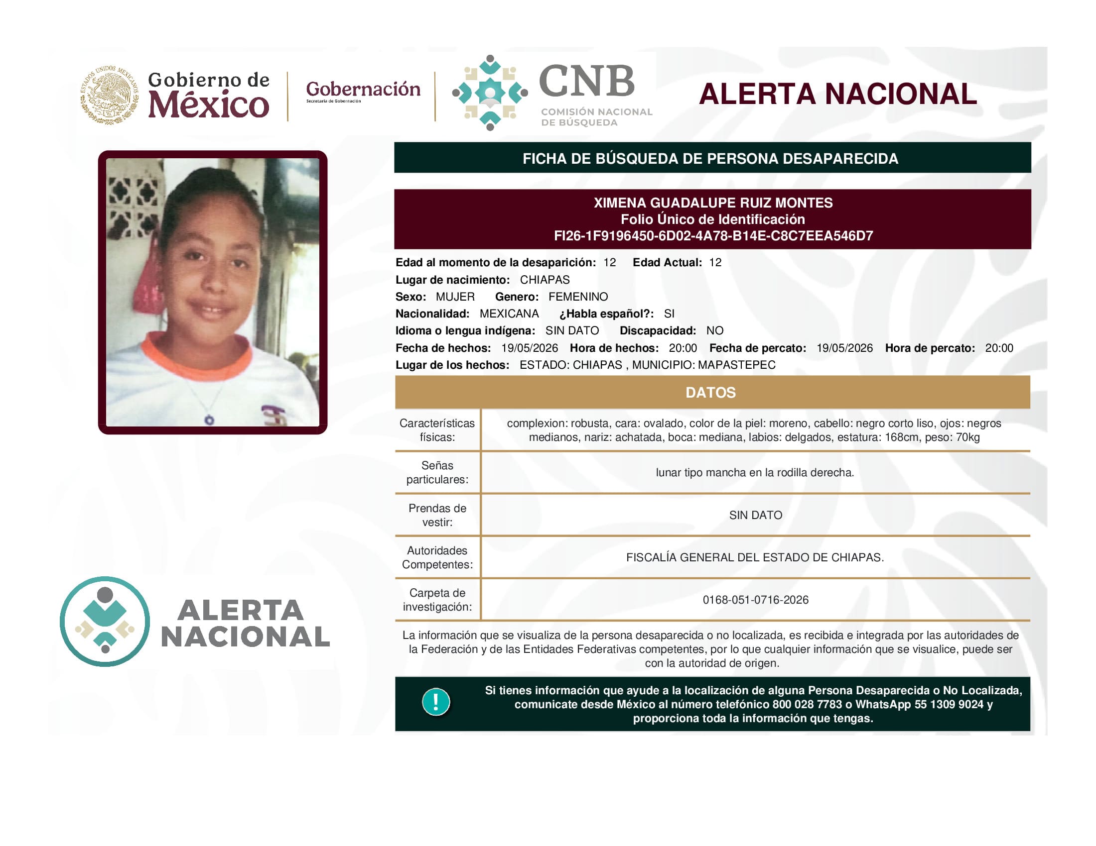 Persona desaparecida Ximena Guadalupe Ruiz Montes